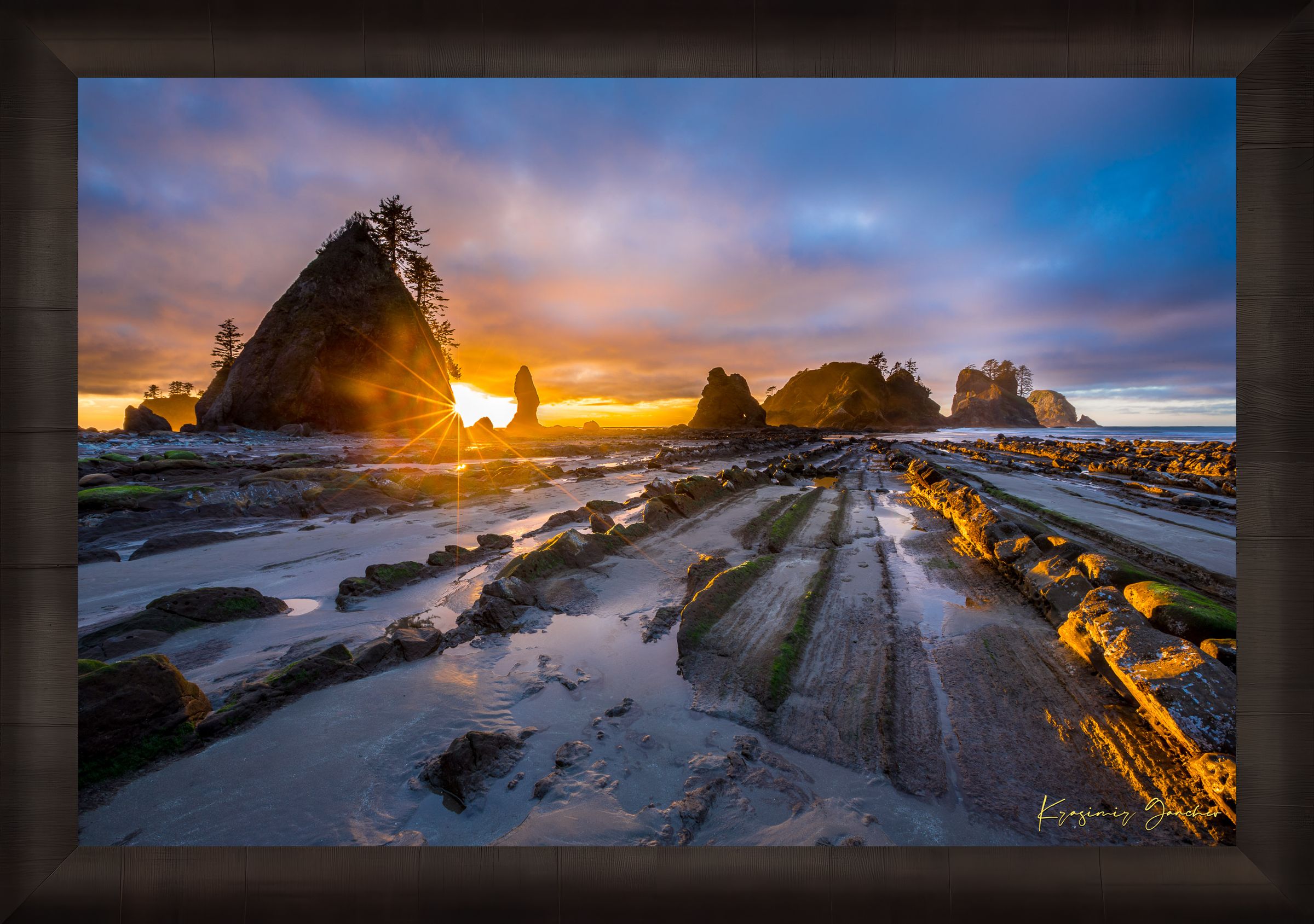 Golden sunset over ocean waves at Shi Shi Beach; silhouetted sea stacks stand against cloudy skies. #Finish_Roma Dark Ash Frame