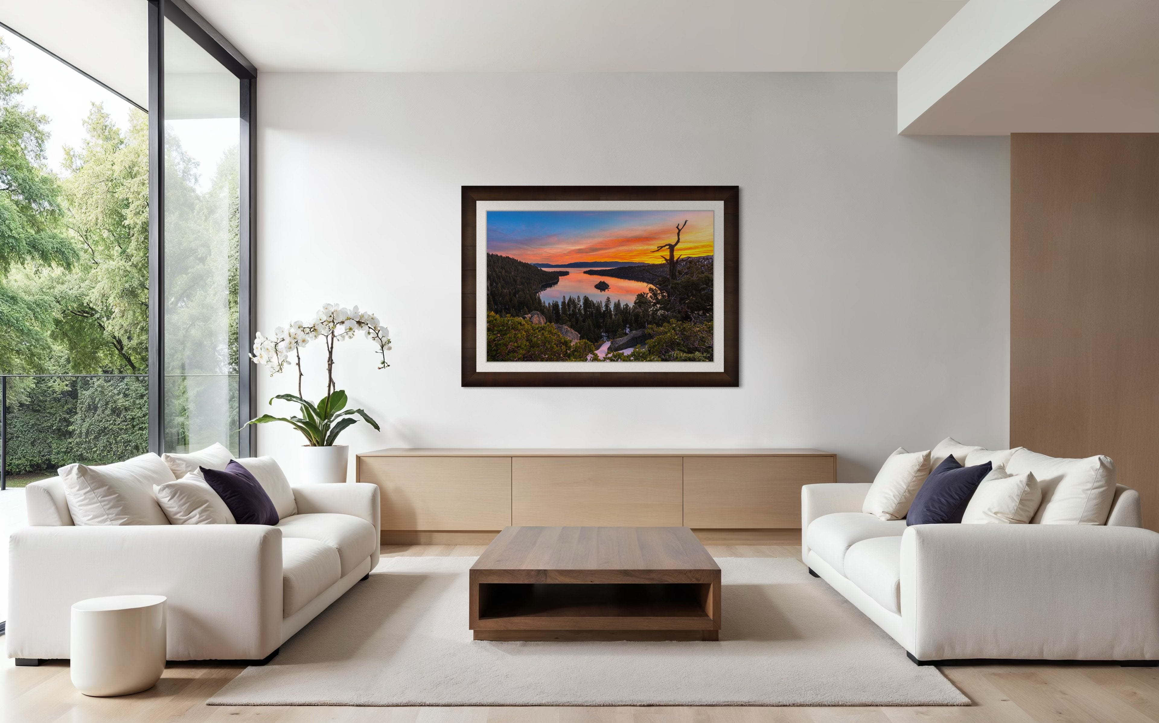 Sunrise over Emerald Bay, Lake Tahoe, illuminating Fannette Island and reflecting light across calm lake waters. #Finish_Roma Cigar Leaf Frame & Bright Liner