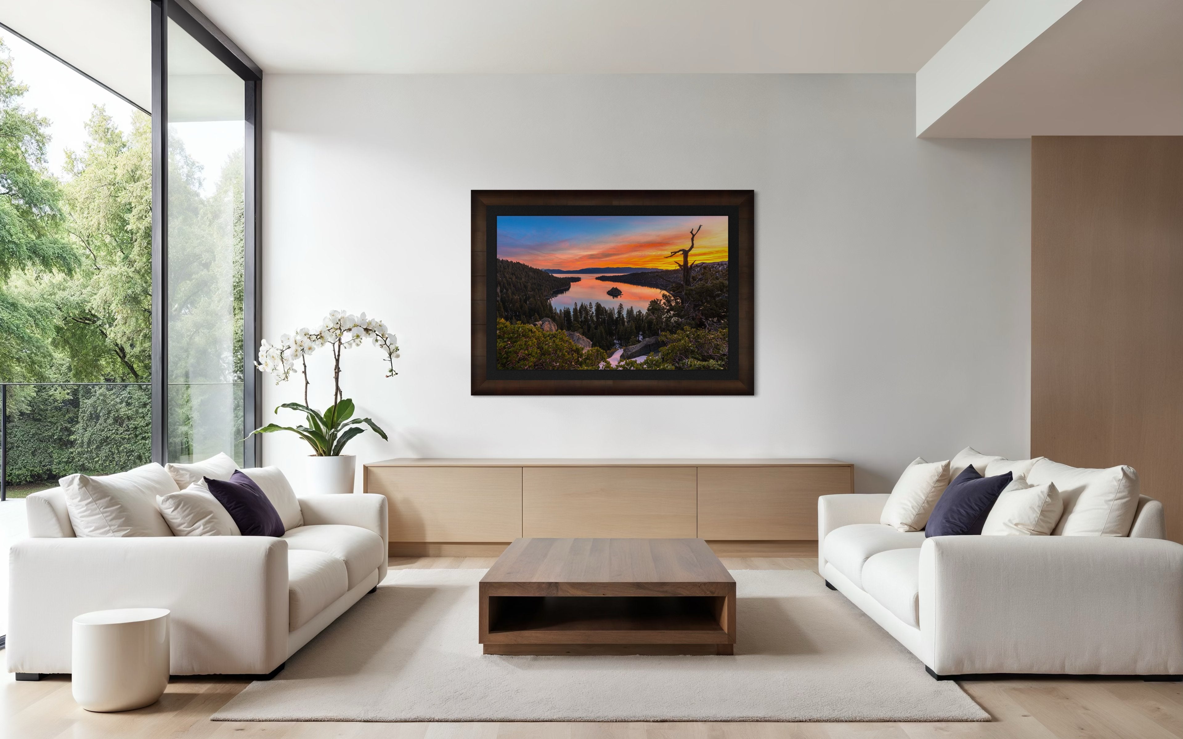 Sunrise over Emerald Bay, Lake Tahoe, illuminating Fannette Island and reflecting light across calm lake waters. #Finish_Roma Cigar Leaf Frame & Dark Liner