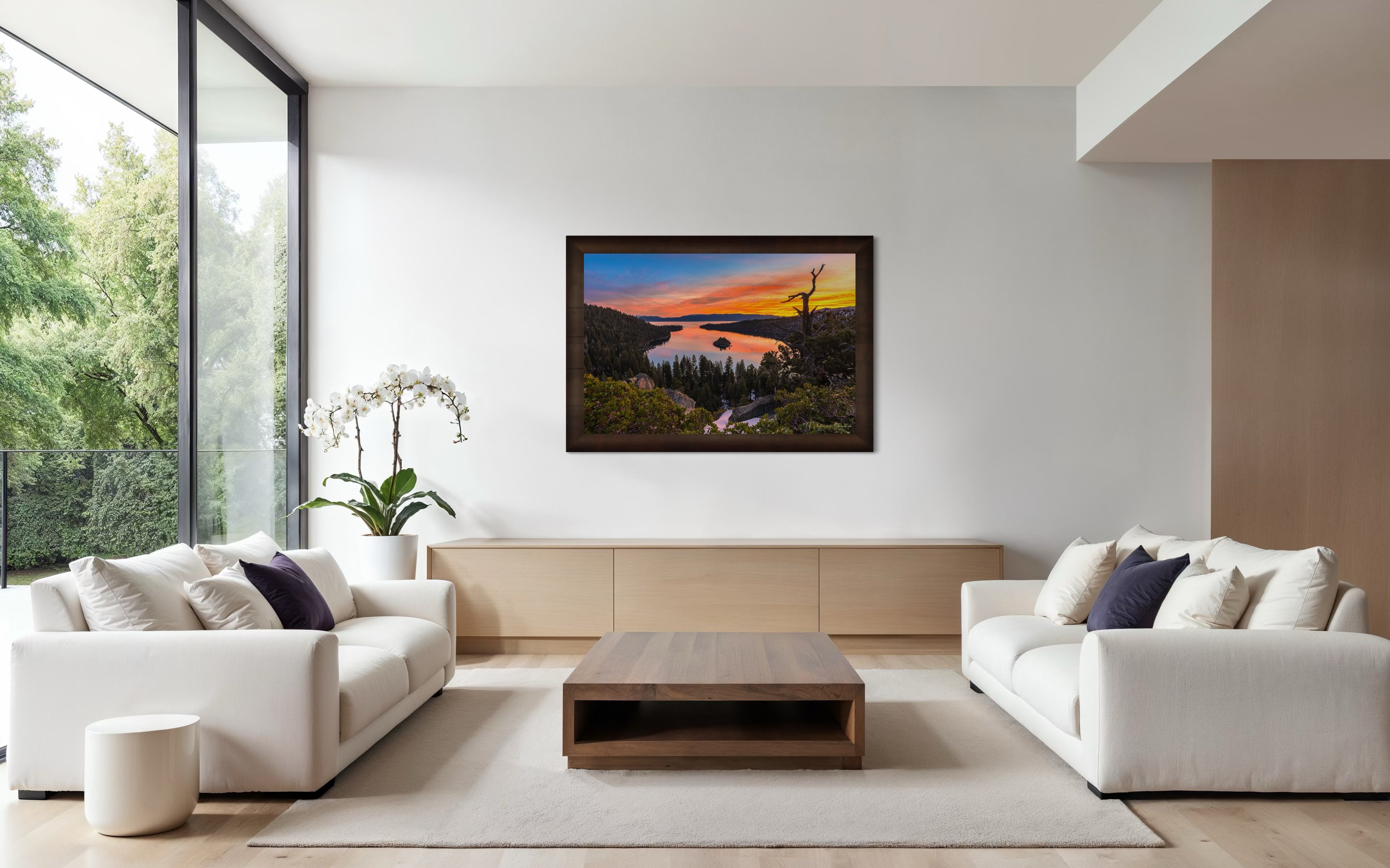 Sunrise over Emerald Bay, Lake Tahoe, illuminating Fannette Island and reflecting light across calm lake waters. #Finish_Roma Cigar Leaf Frame