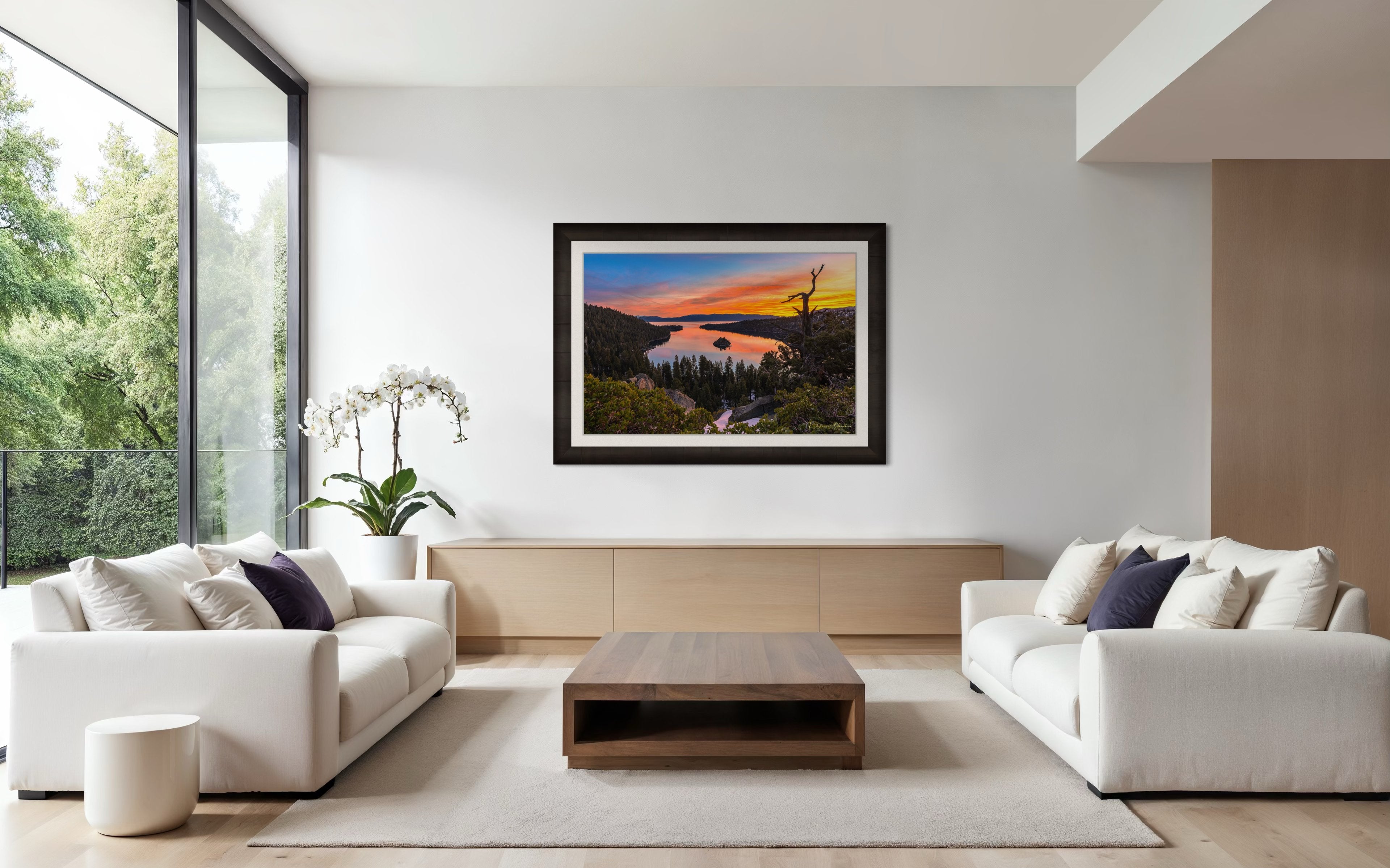 Sunrise over Emerald Bay, Lake Tahoe, illuminating Fannette Island and reflecting light across calm lake waters. #Finish_Roma Dark Ash Frame & Bright Liner