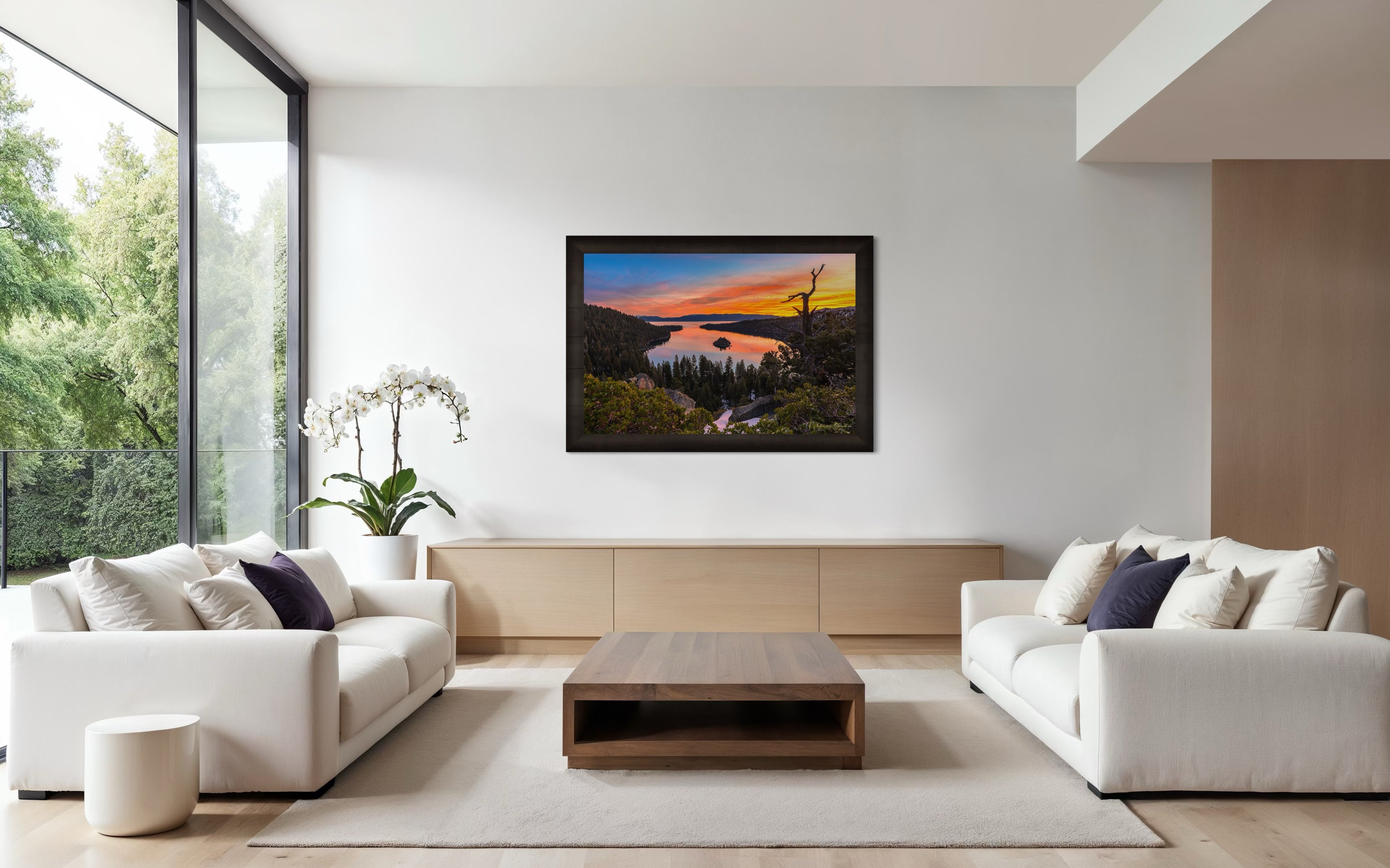 Sunrise over Emerald Bay, Lake Tahoe, illuminating Fannette Island and reflecting light across calm lake waters. #Finish_Roma Dark Ash Frame