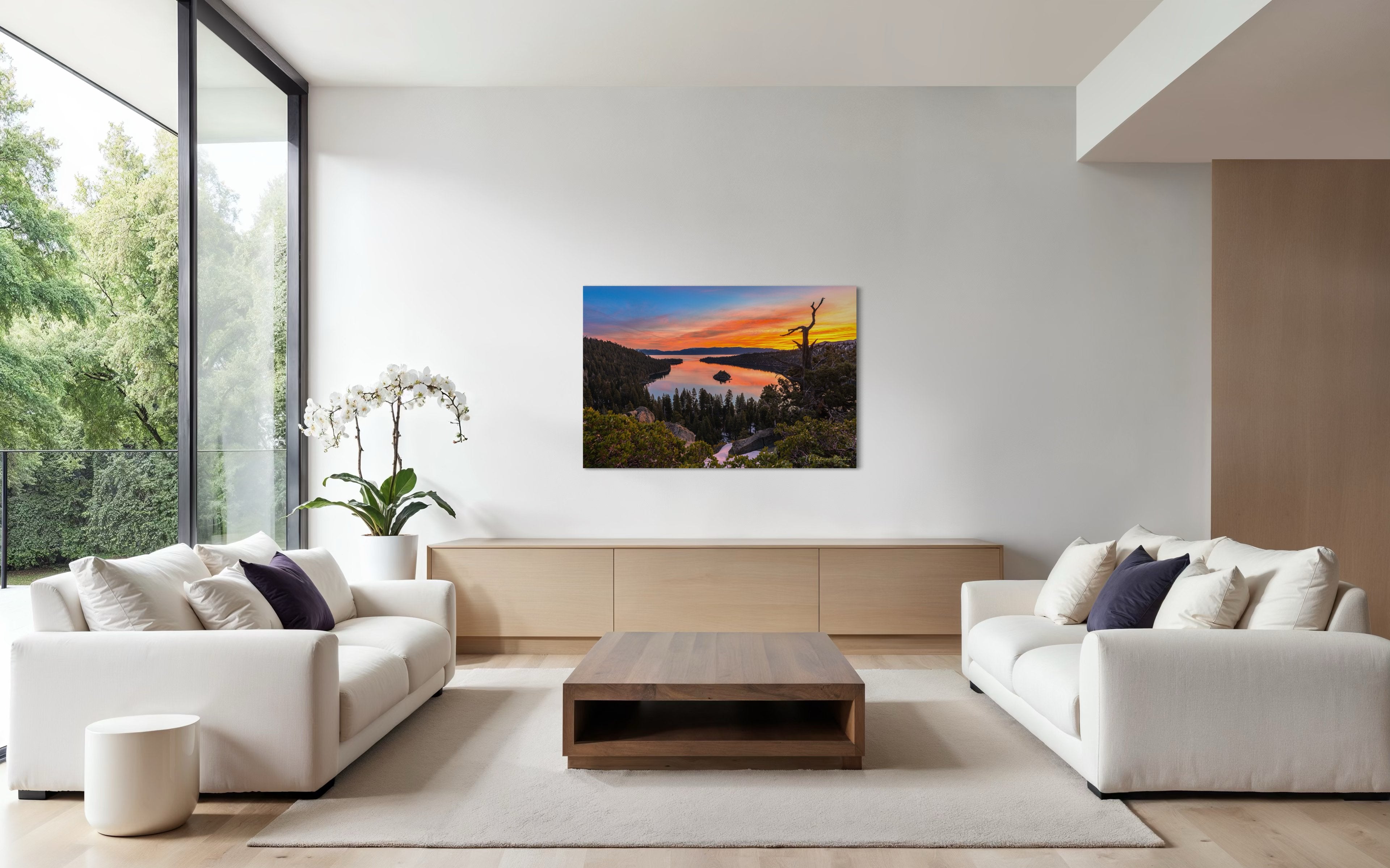 Sunrise over Emerald Bay, Lake Tahoe, illuminating Fannette Island and reflecting light across calm lake waters. #Finish_Acrylic Recess