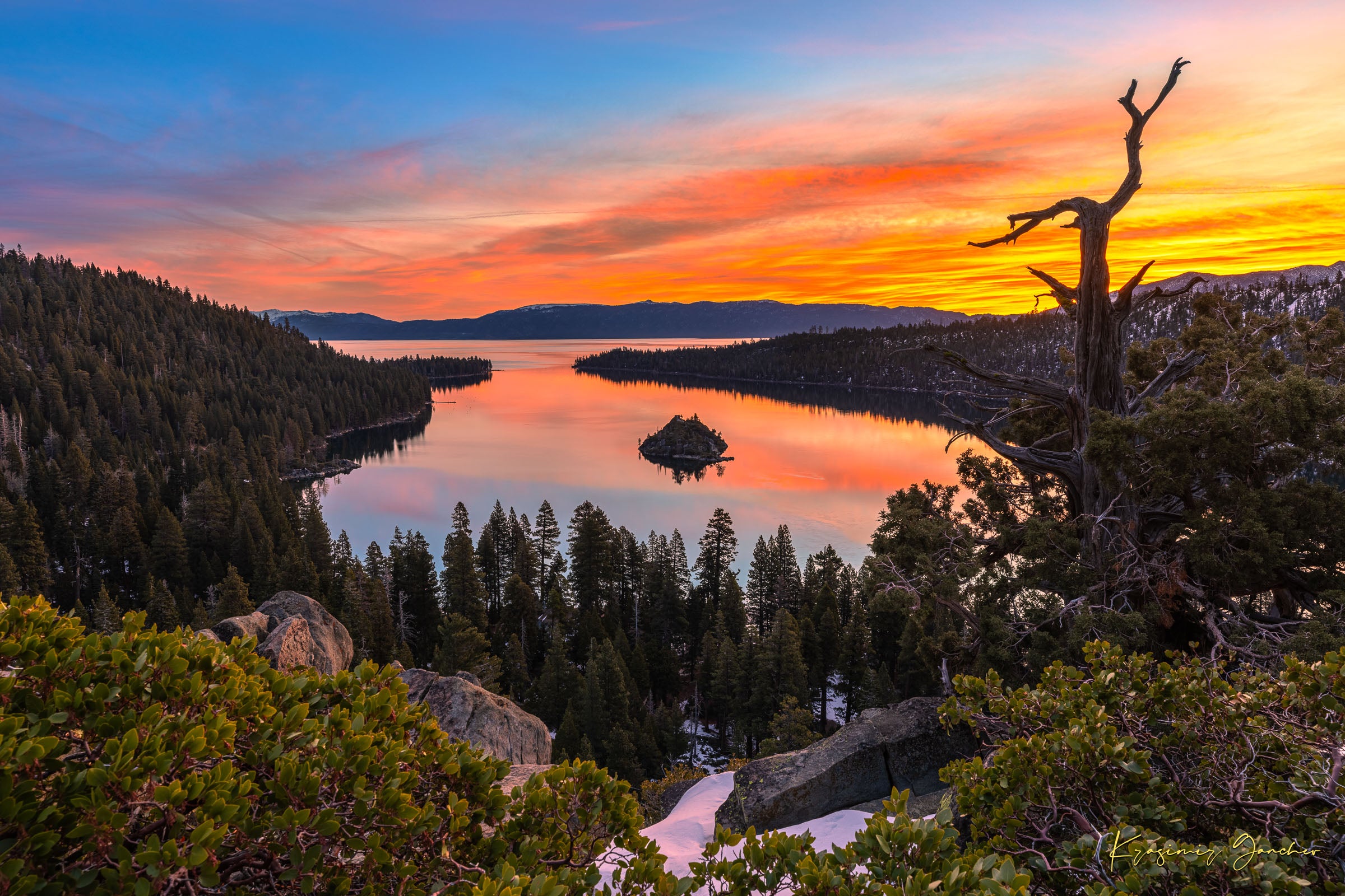 Sunrise over Emerald Bay, Lake Tahoe, illuminating Fannette Island and reflecting light across calm lake waters. #Finish_Acrylic Recess
