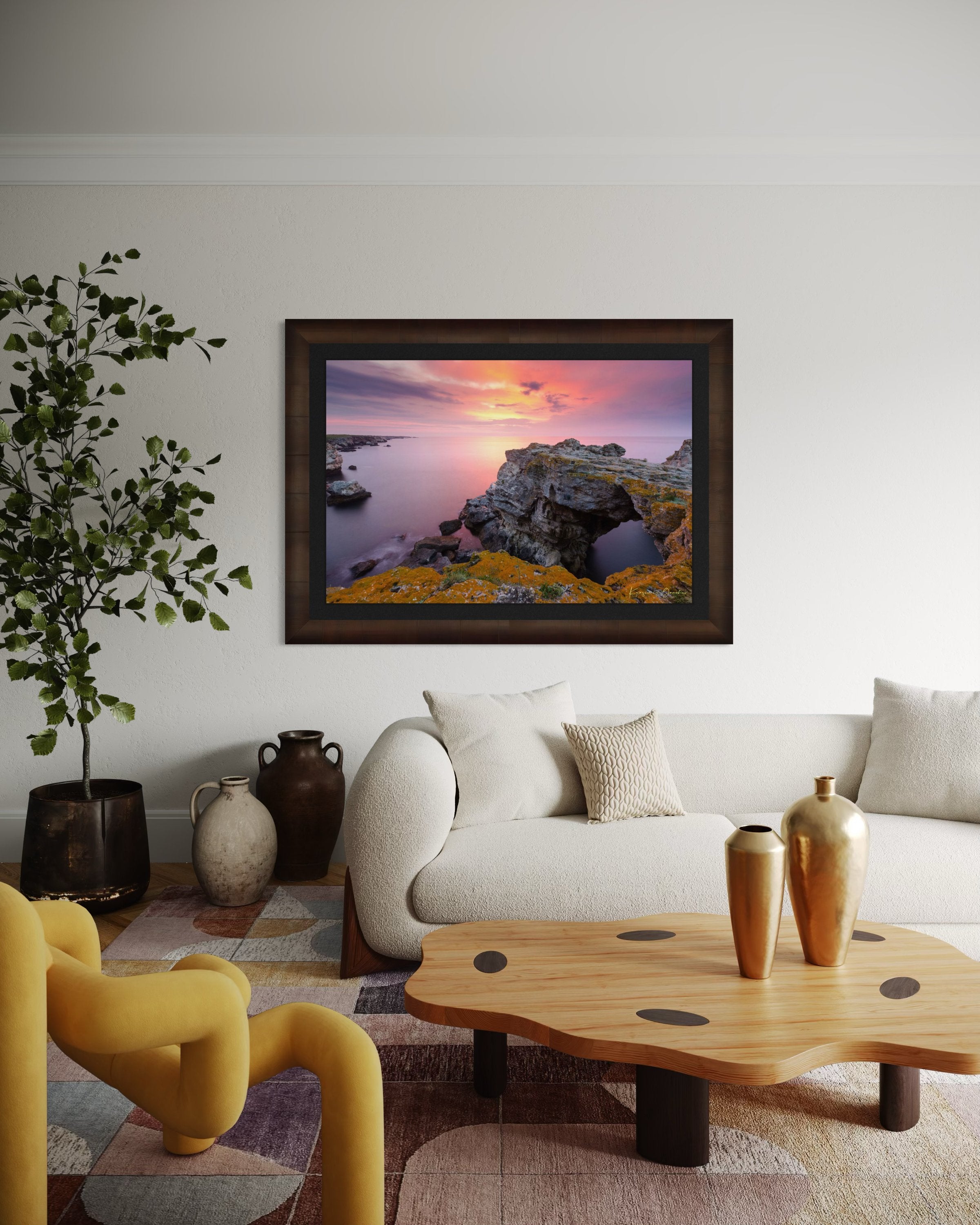 The natural arch formation of the Tyulenovo Arch at dawn in Tyulenovo, Bulgaria, lit by sunrise and surrounded by vegetation. #Finish_Roma Cigar Leaf Frame & Dark Liner