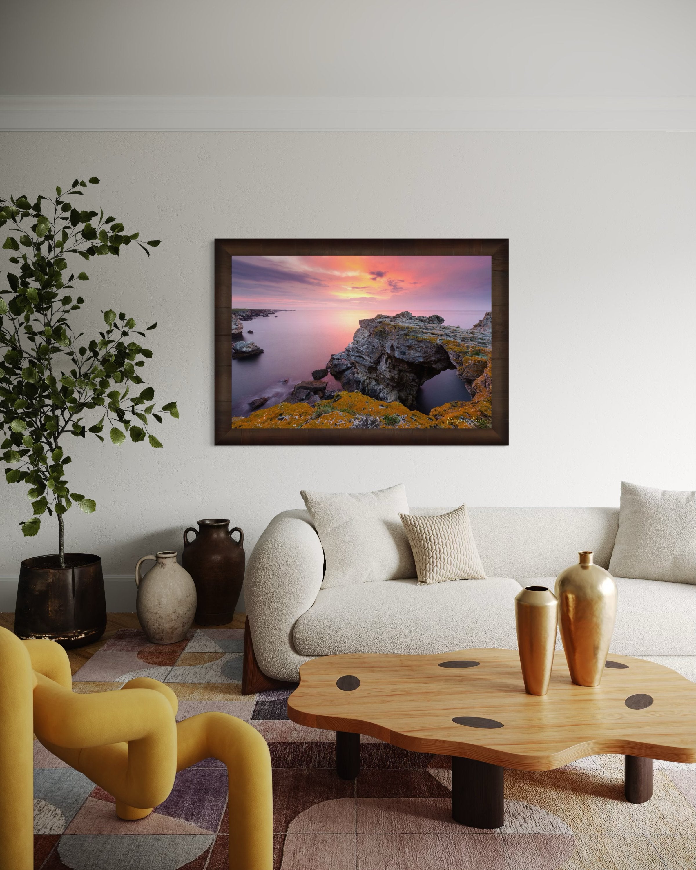 The natural arch formation of the Tyulenovo Arch at dawn in Tyulenovo, Bulgaria, lit by sunrise and surrounded by vegetation. #Finish_Roma Cigar Leaf Frame