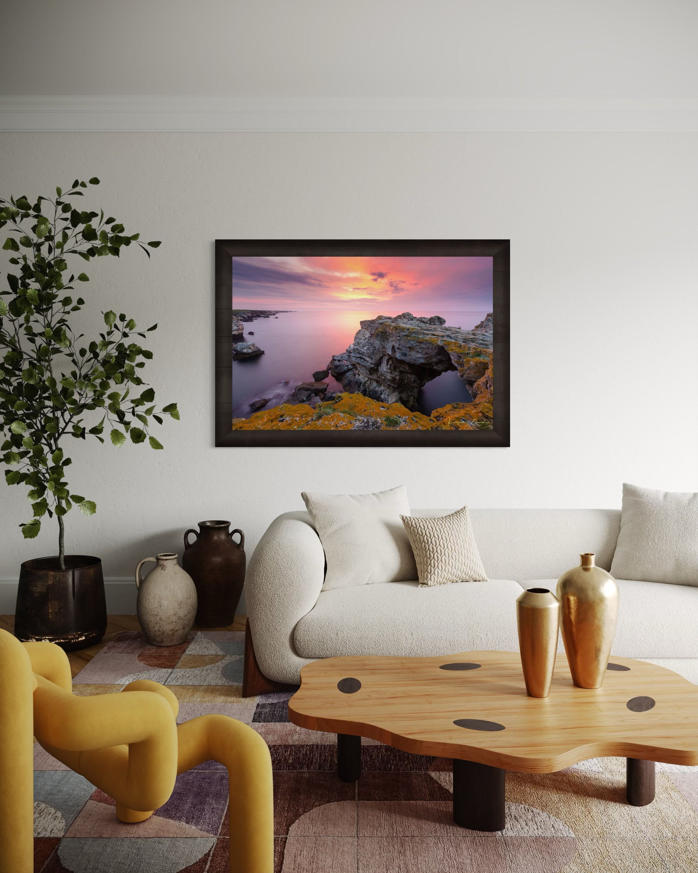 The natural arch formation of the Tyulenovo Arch at dawn in Tyulenovo, Bulgaria, lit by sunrise and surrounded by vegetation. #Finish_Roma Dark Ash Frame