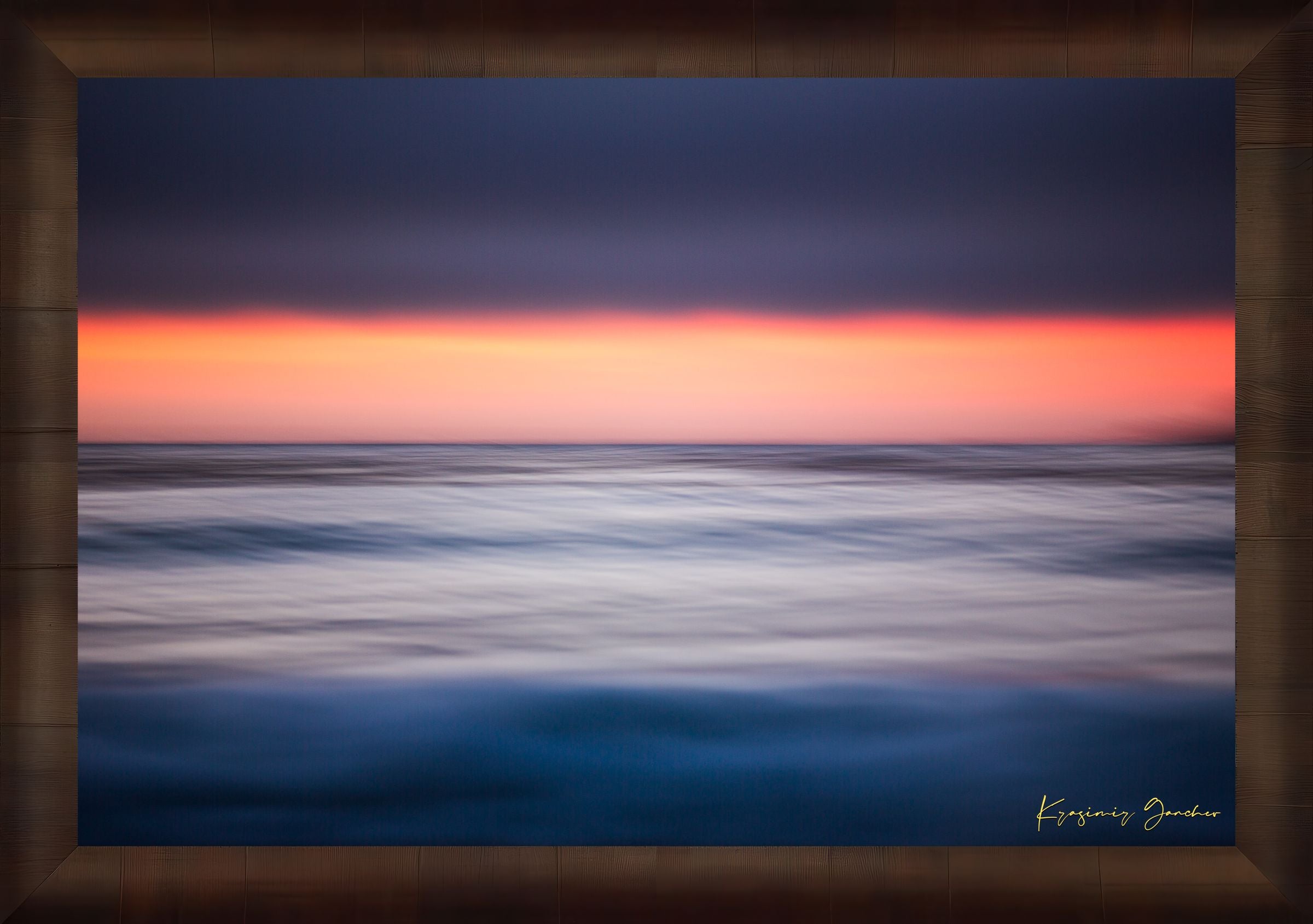 Sunset at Carmel Beach. Ocean horizon blends soft colors of dusk under cloudy skies with gentle wave blur. #Finish_Roma Cigar Leaf Frame