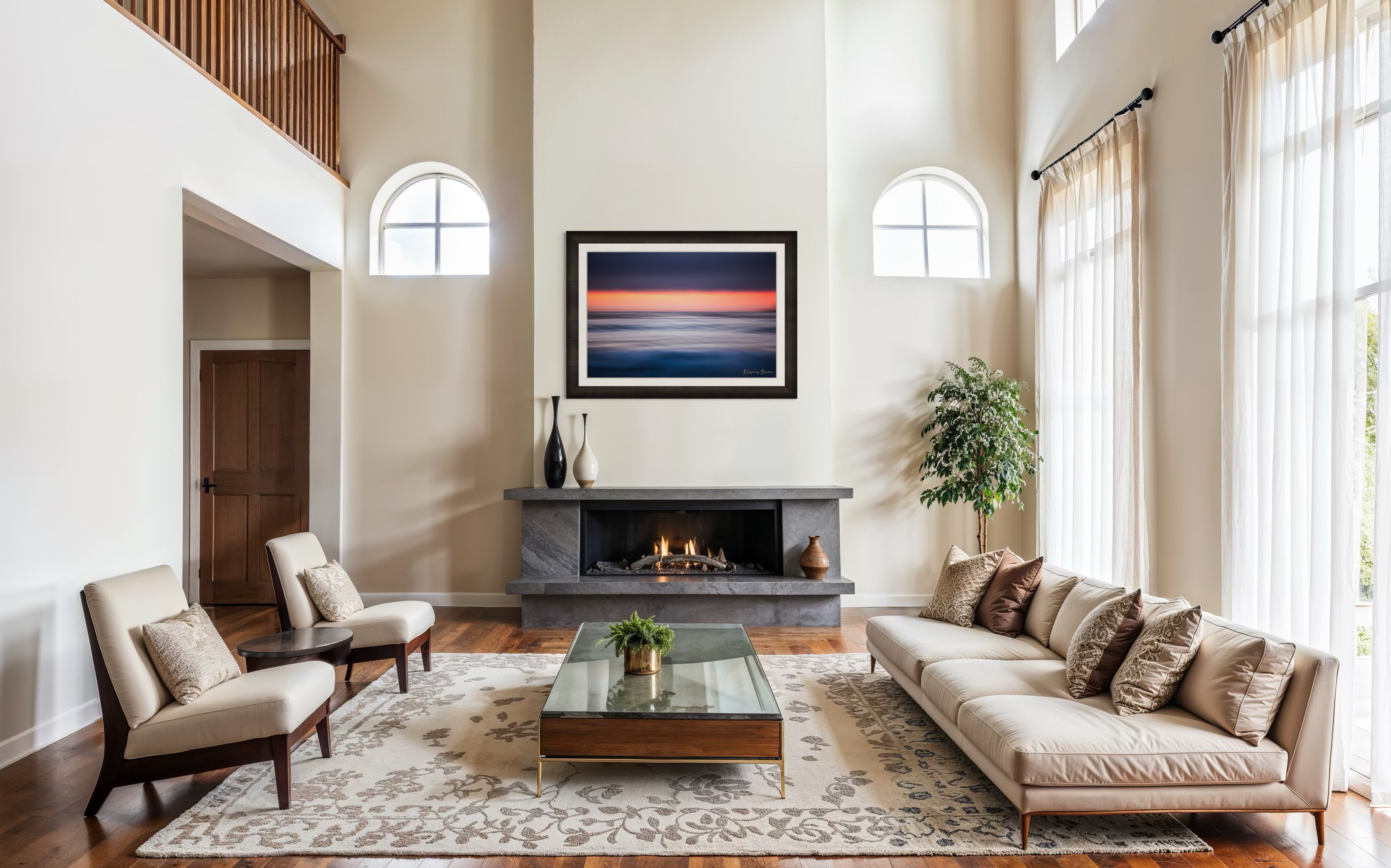 Sunset at Carmel Beach. Ocean horizon blends soft colors of dusk under cloudy skies with gentle wave blur. #Finish_Roma Dark Ash Frame & Bright Liner