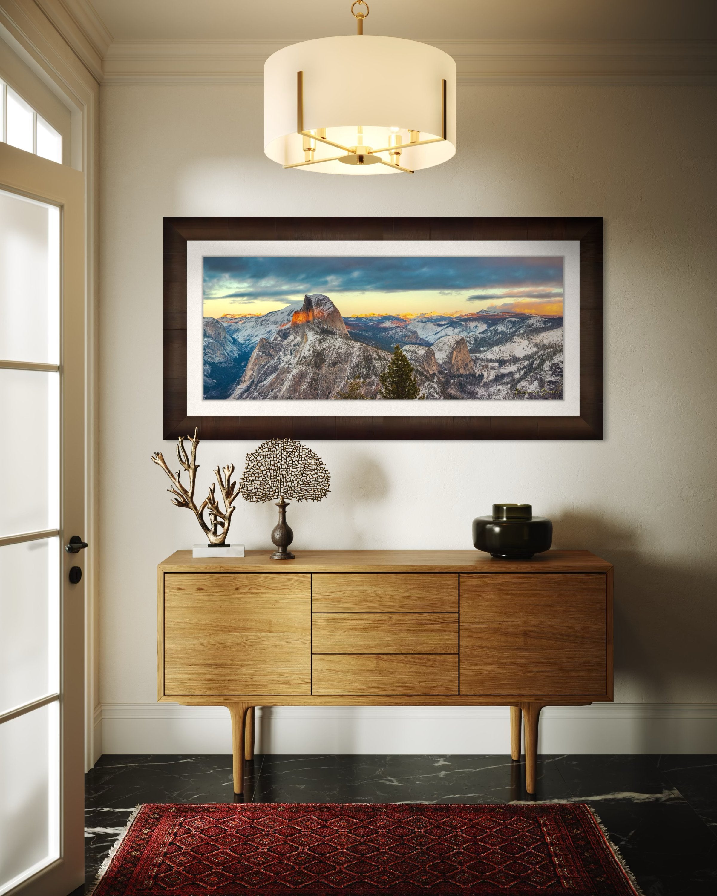 Sunset view of Half Dome monolith with dynamic shadows and sunlight over snow-dusted peaks and clouds in Yosemite National Park. #Finish_Roma Cigar Leaf Frame & Bright Liner