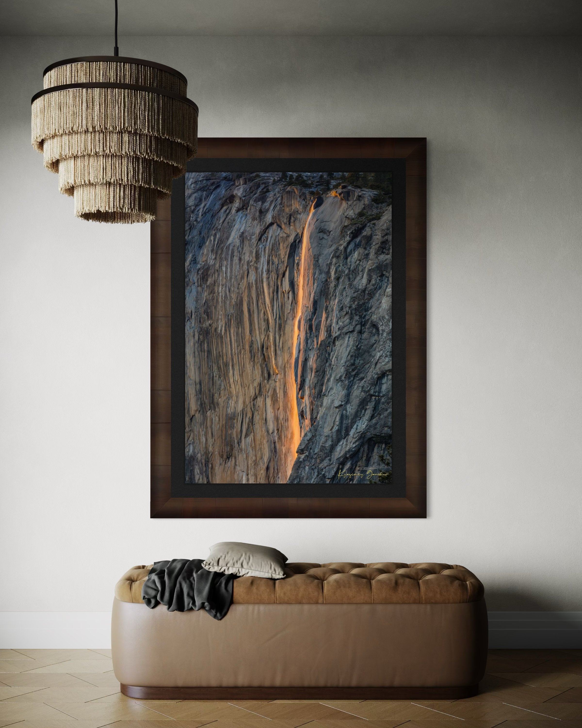 Detailed view of the firefall effect on El Capitan monolith with glowing sunlight refracting through mist from Horsetail Fall in Yosemite. #Finish_Roma Cigar Leaf Frame & Dark Liner