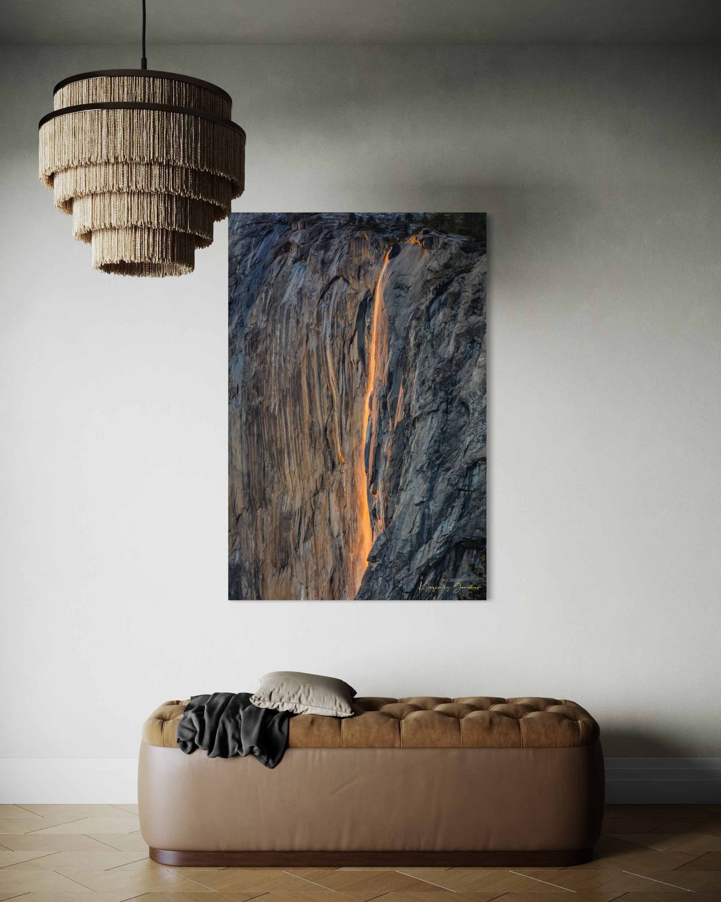 Detailed view of the firefall effect on El Capitan monolith with glowing sunlight refracting through mist from Horsetail Fall in Yosemite. #Finish_Acrylic Recess