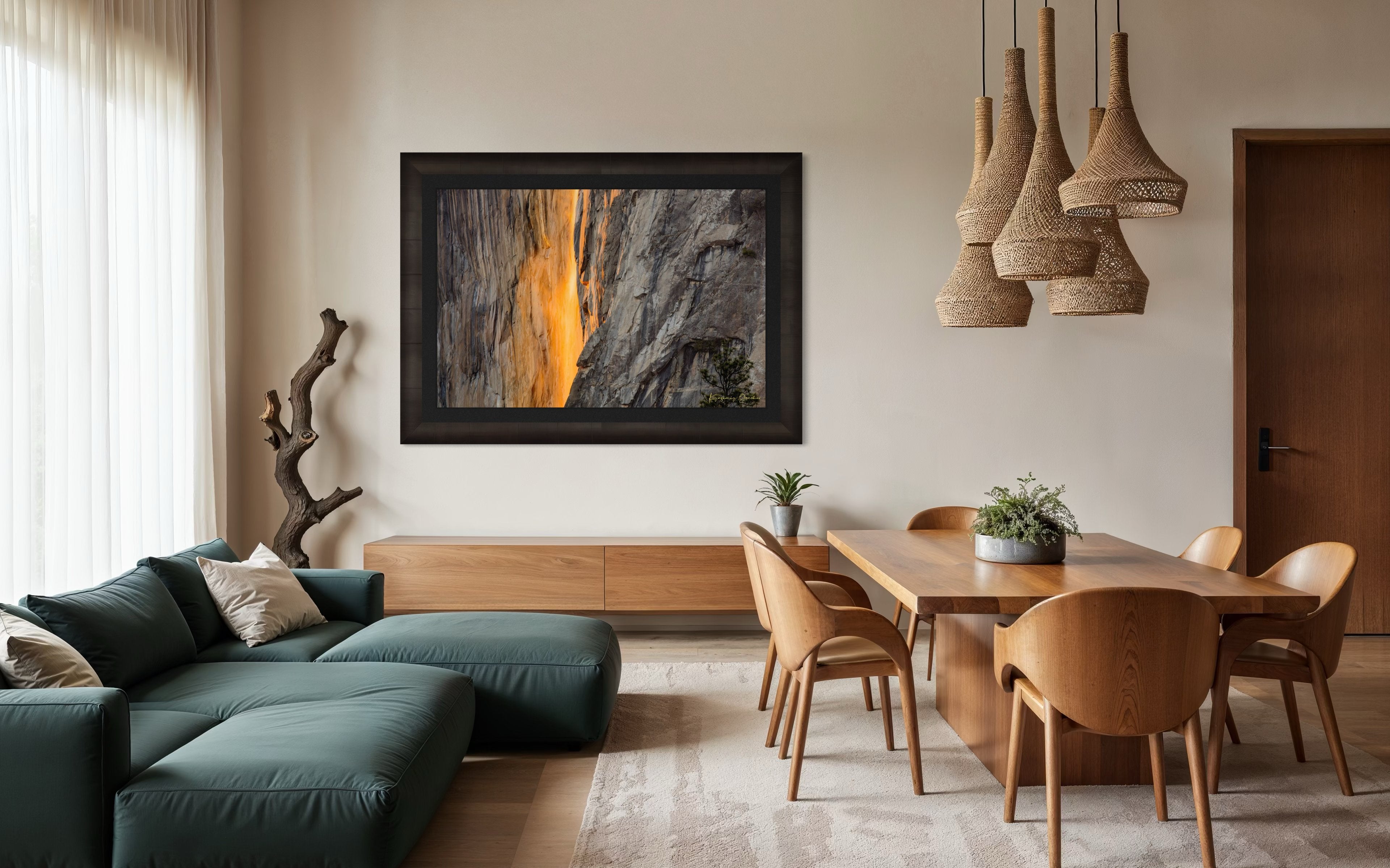 Firefall phenomenon on El Capitan monolith as sunlight reflects off Horsetail Fall mist during sunset in Yosemite National Park. #Finish_Roma Dark Ash Frame & Dark Liner