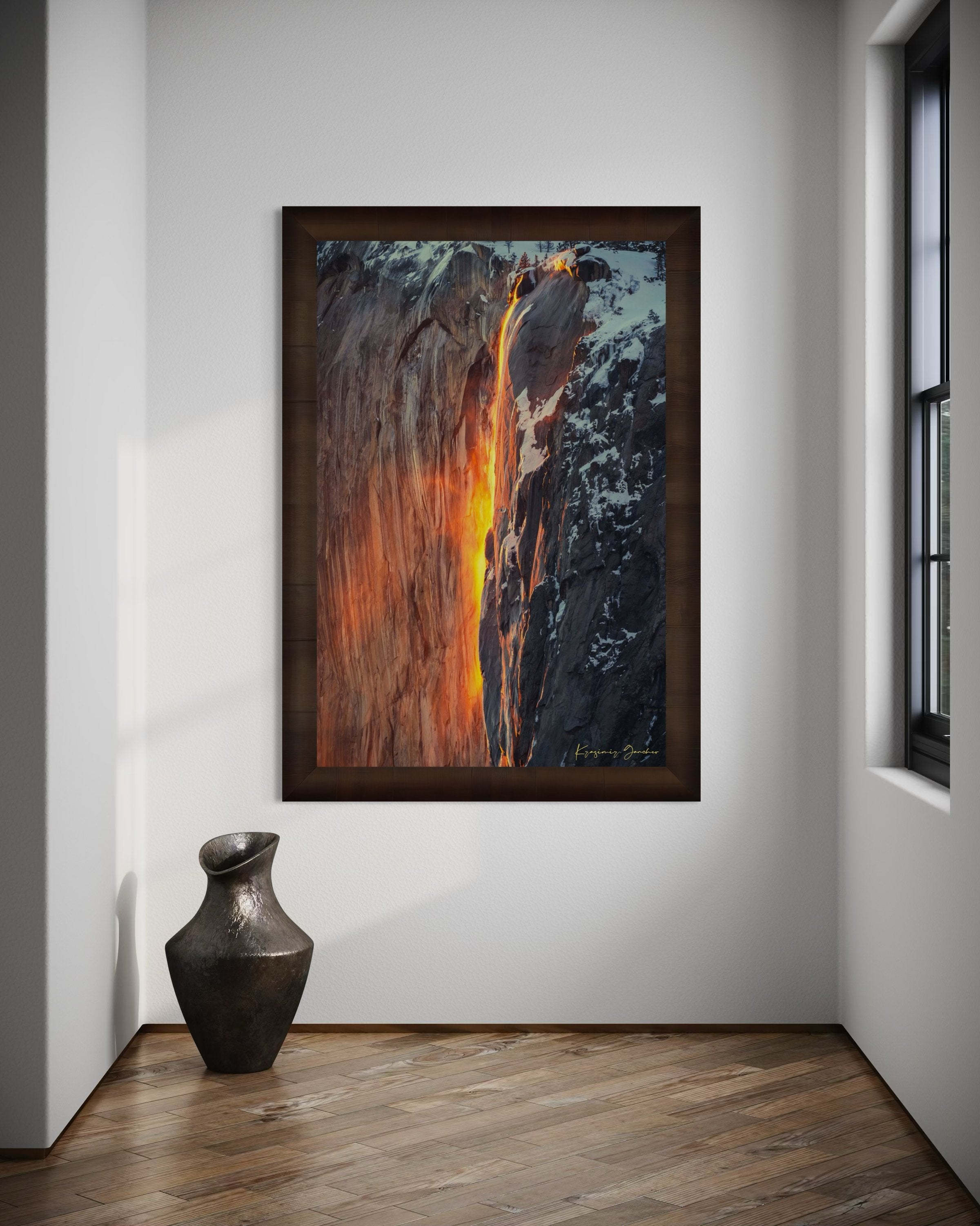 Spectacular sunset view of El Capitan, showing firefall light reflecting on Horsetail Fall amid snowy mountains. #Finish_Roma Cigar Leaf Frame