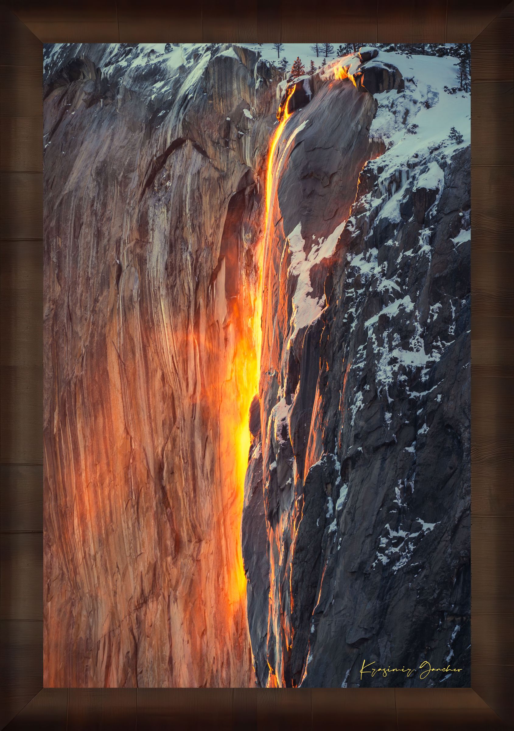 Spectacular sunset view of El Capitan, showing firefall light reflecting on Horsetail Fall amid snowy mountains. #Finish_Roma Cigar Leaf Frame