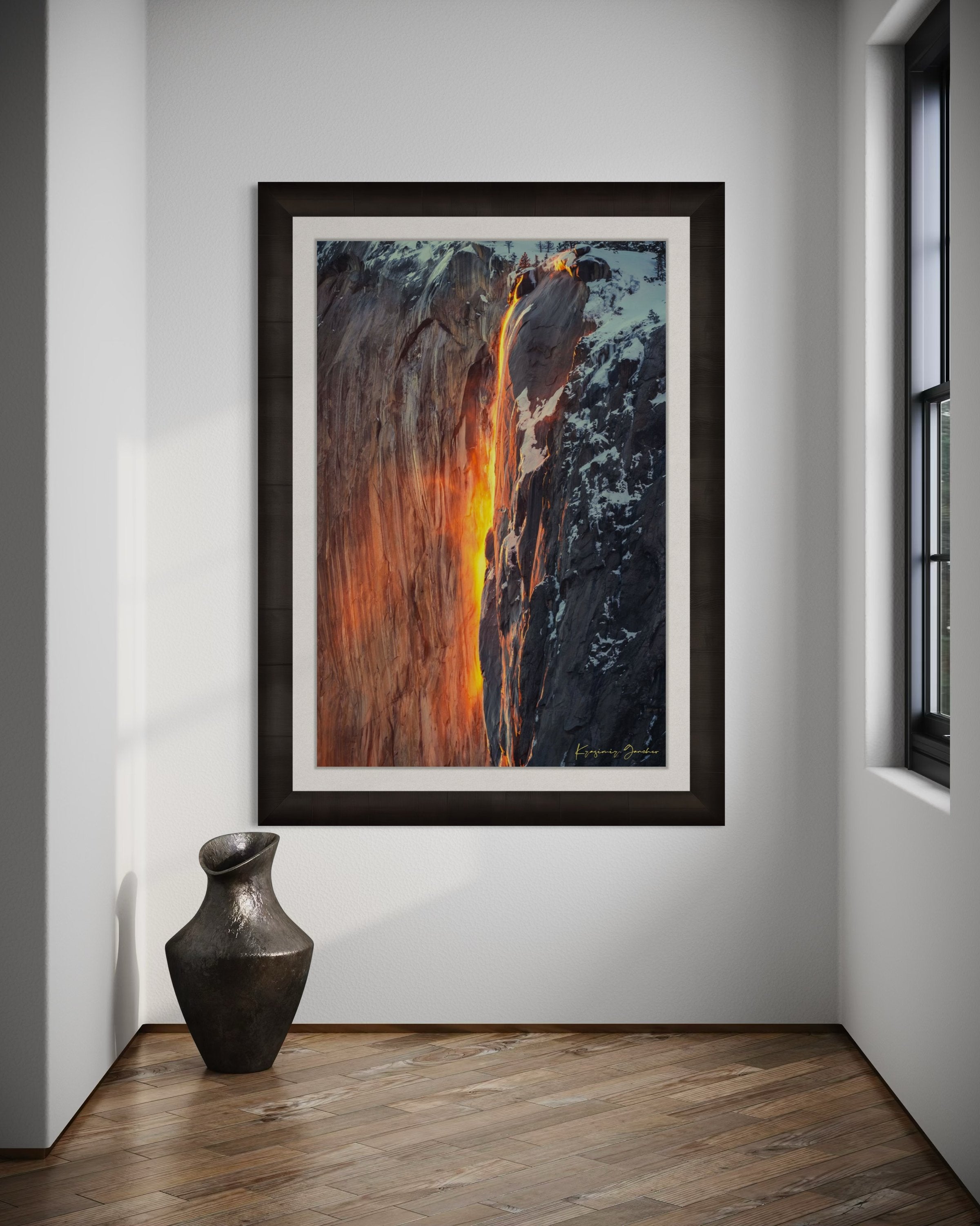 Spectacular sunset view of El Capitan, showing firefall light reflecting on Horsetail Fall amid snowy mountains. #Finish_Roma Dark Ash Frame & Bright Liner