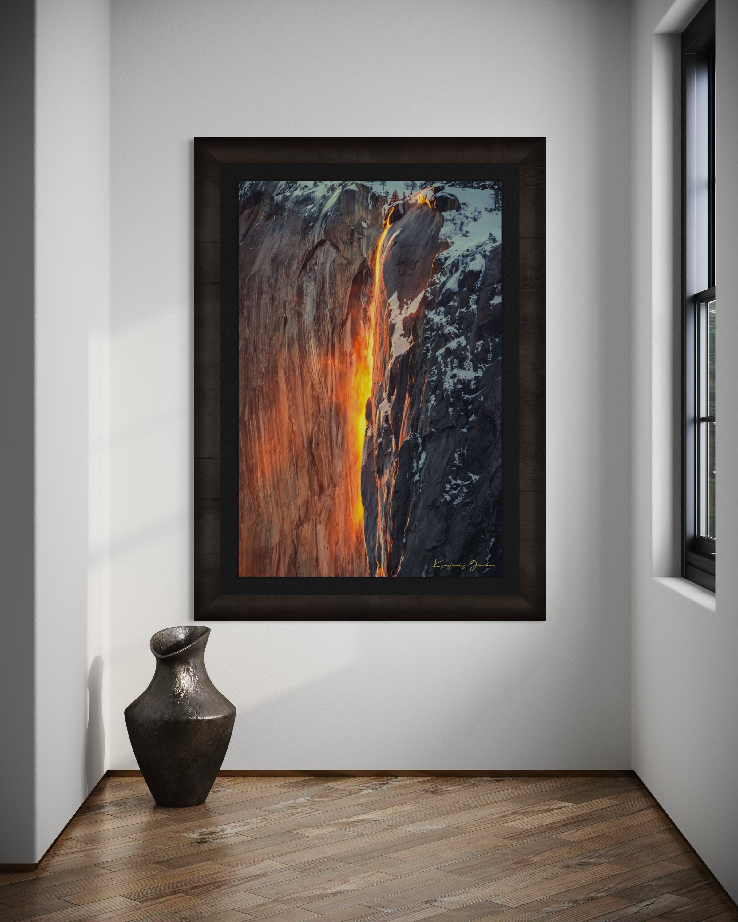 Spectacular sunset view of El Capitan, showing firefall light reflecting on Horsetail Fall amid snowy mountains. #Finish_Roma Dark Ash Frame & Dark Liner