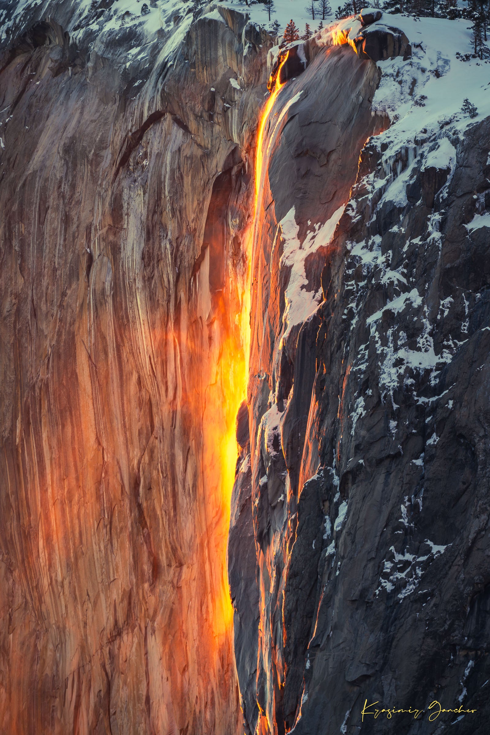 Spectacular sunset view of El Capitan, showing firefall light reflecting on Horsetail Fall amid snowy mountains. #Finish_Acrylic Recess