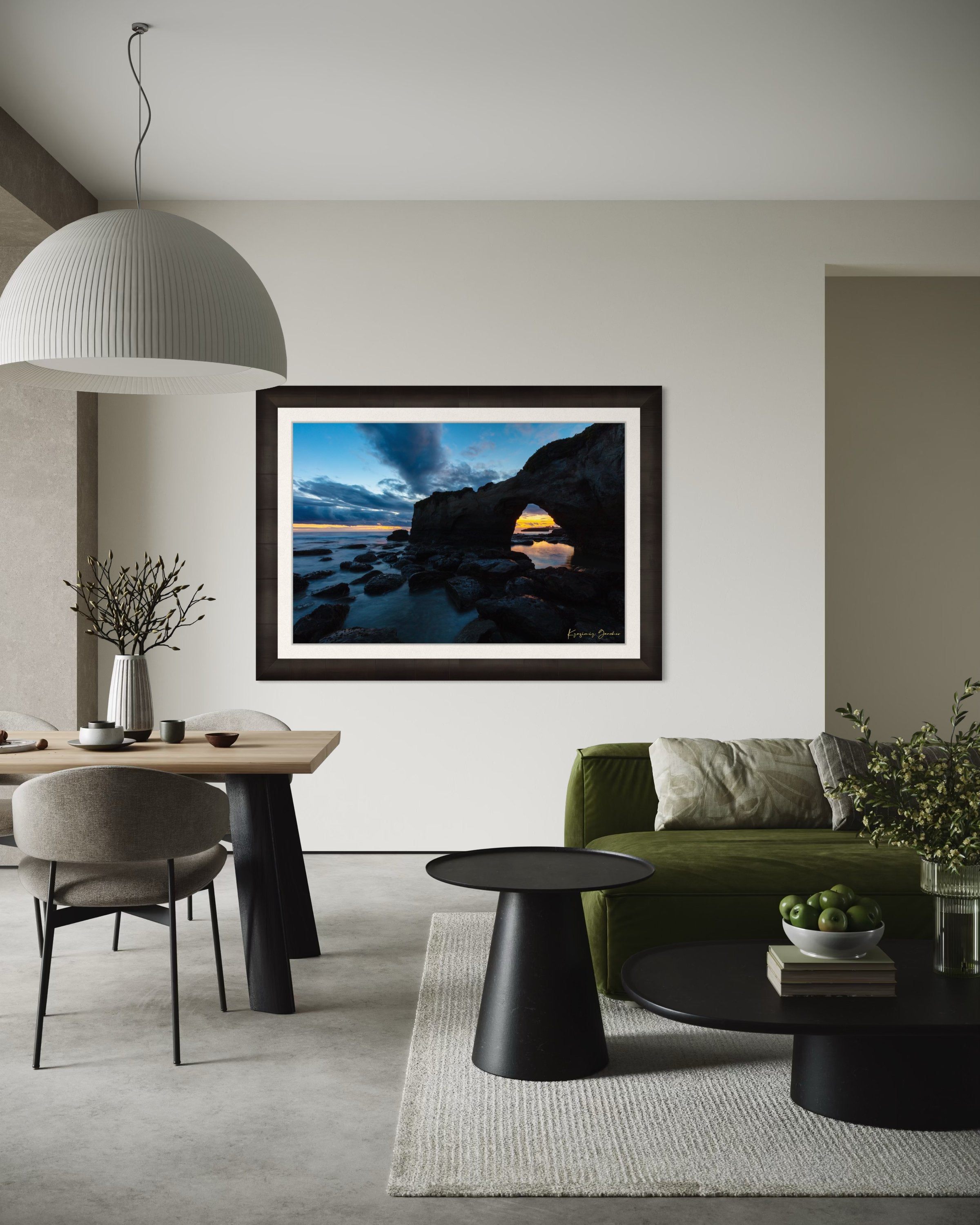 Natural rock arch framing sunset over the Pacific Ocean with waves moving around boulders at Santa Cruz coastline. #Finish_Roma Dark Ash Frame & Bright Liner