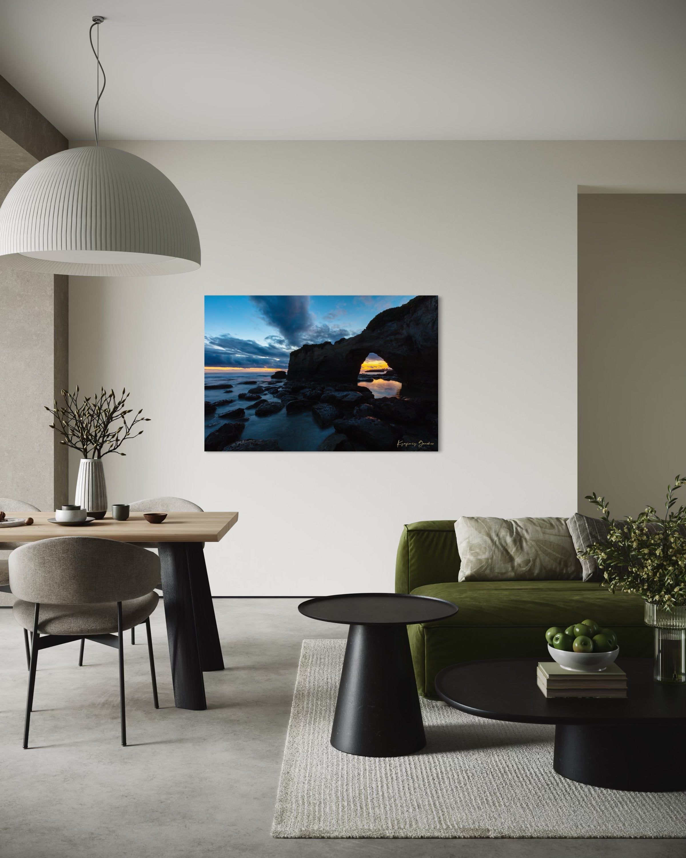 Natural rock arch framing sunset over the Pacific Ocean with waves moving around boulders at Santa Cruz coastline. #Finish_Acrylic Recess