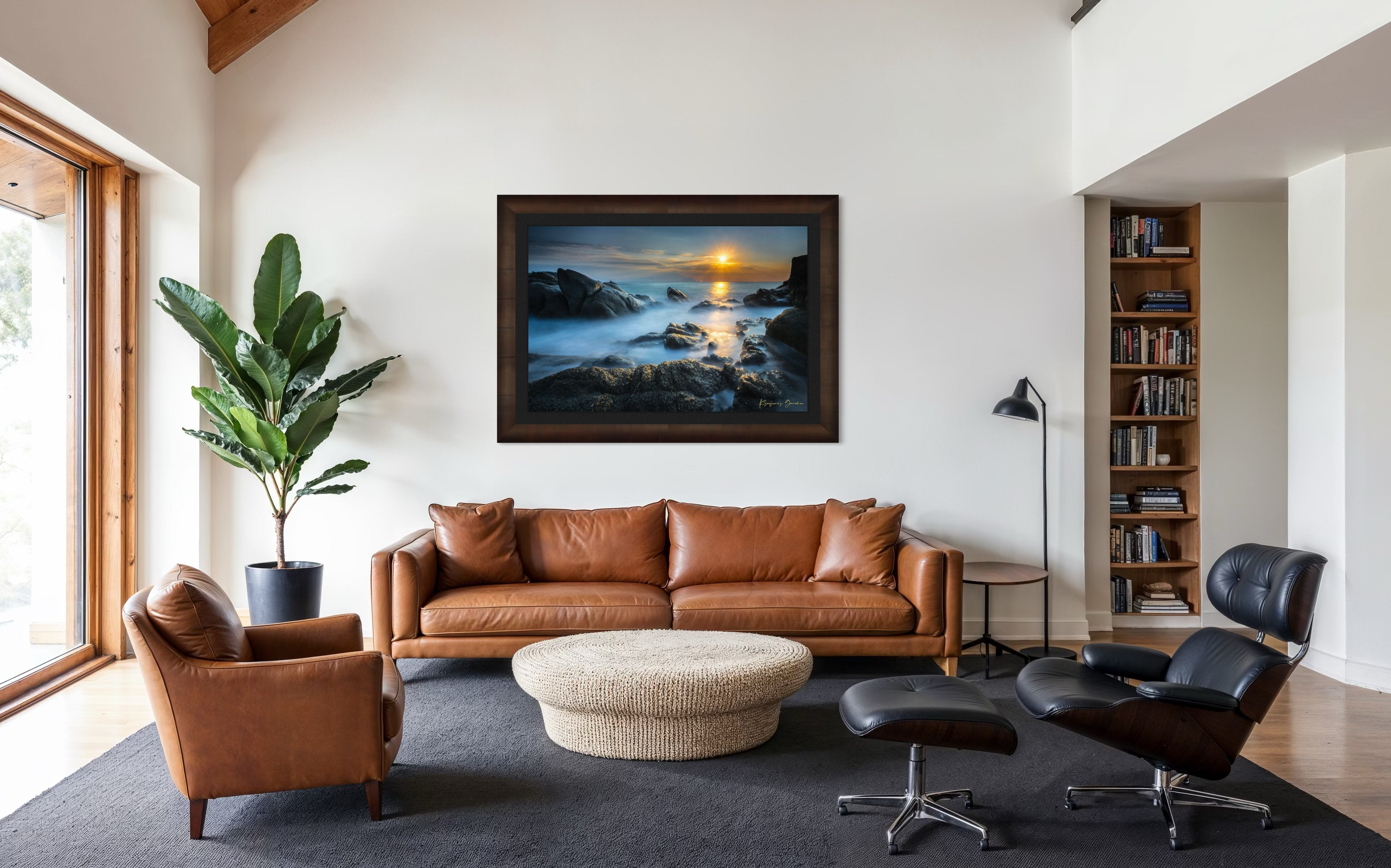 Coastal rocks with a sea stack at sunrise, soft light on the moving sea surface. Taken in Sarti, Greece. #Finish_Roma Cigar Leaf Frame & Dark Liner