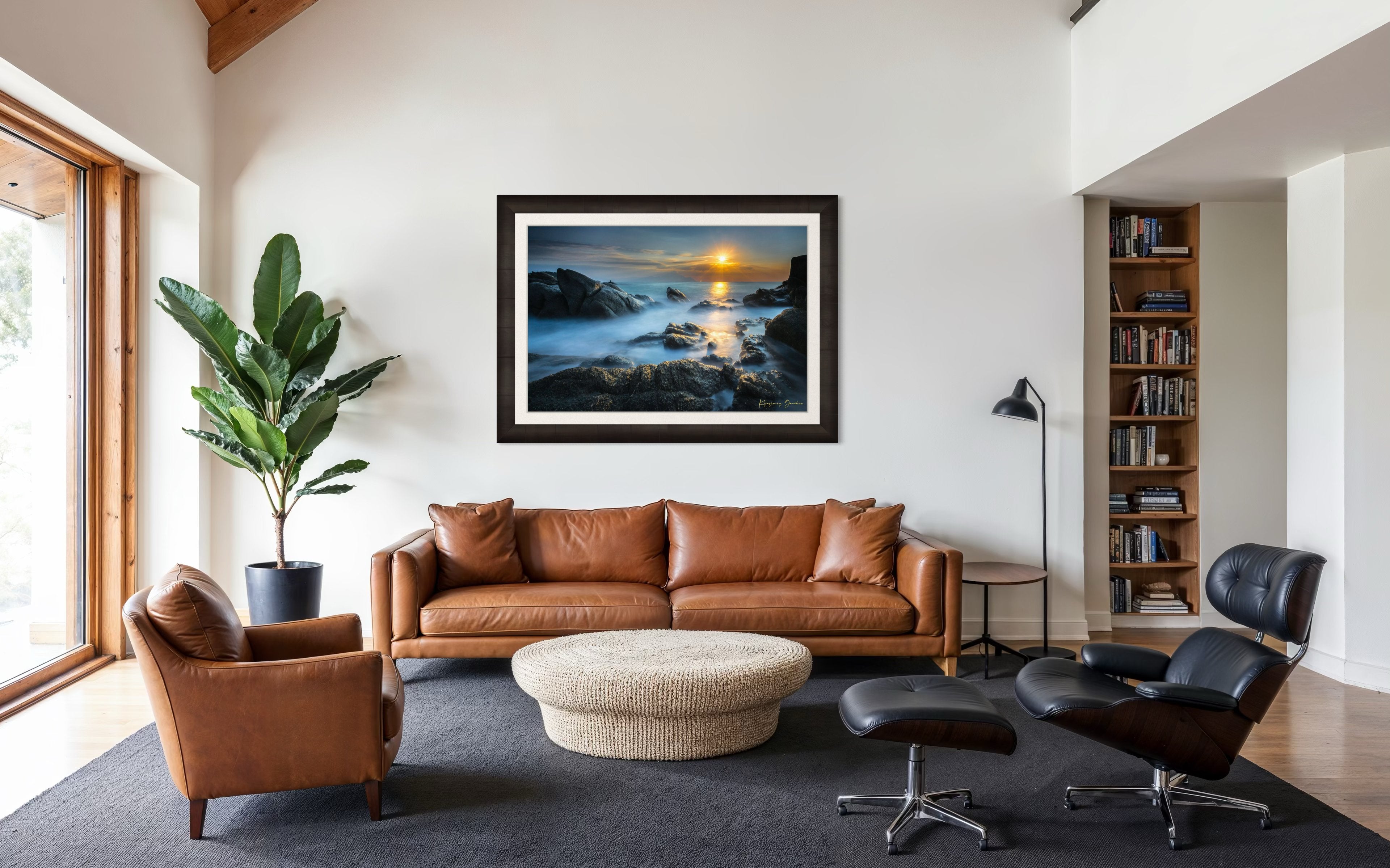 Coastal rocks with a sea stack at sunrise, soft light on the moving sea surface. Taken in Sarti, Greece. #Finish_Roma Dark Ash Frame & Bright Liner