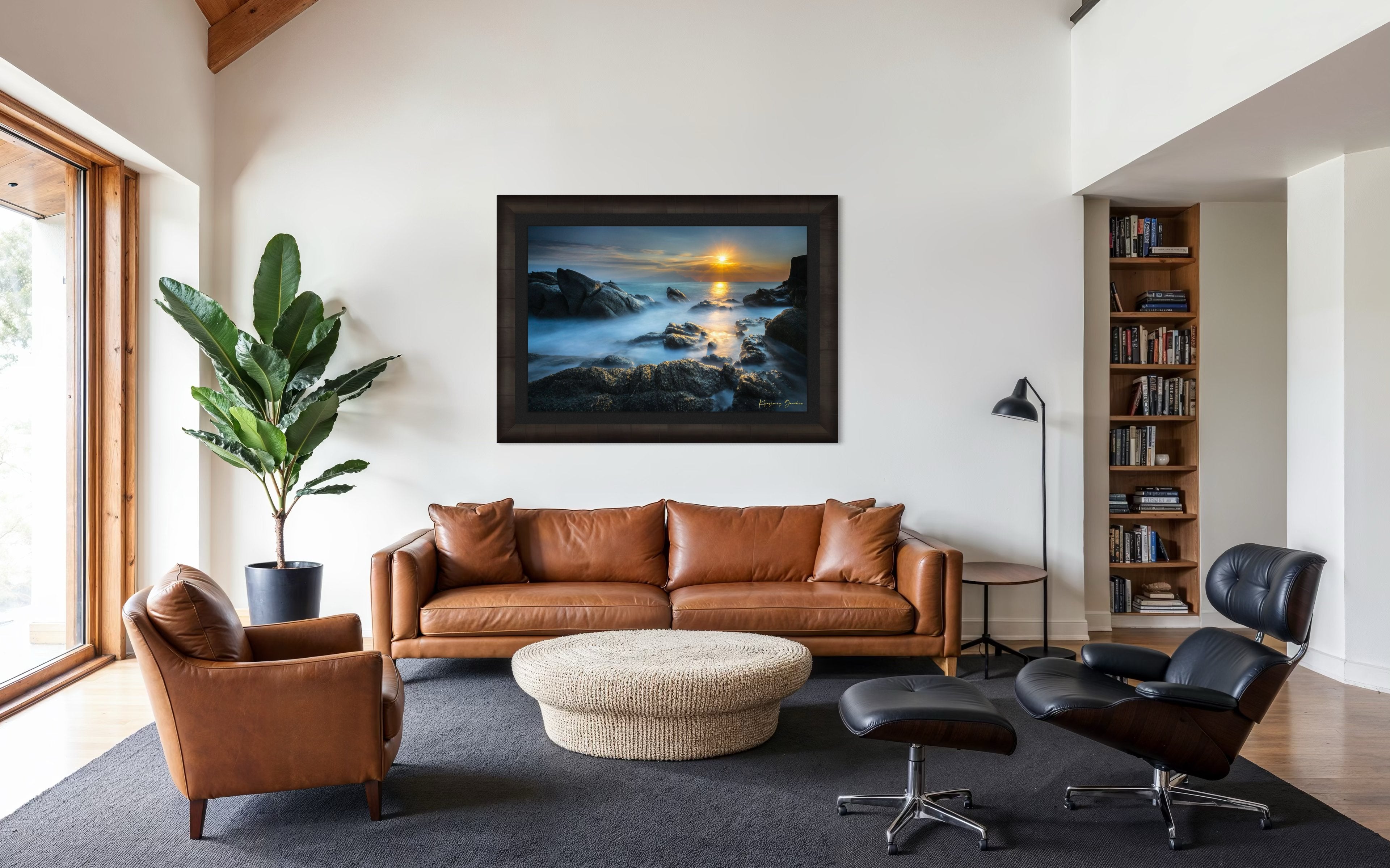 Coastal rocks with a sea stack at sunrise, soft light on the moving sea surface. Taken in Sarti, Greece. #Finish_Roma Dark Ash Frame & Dark Liner