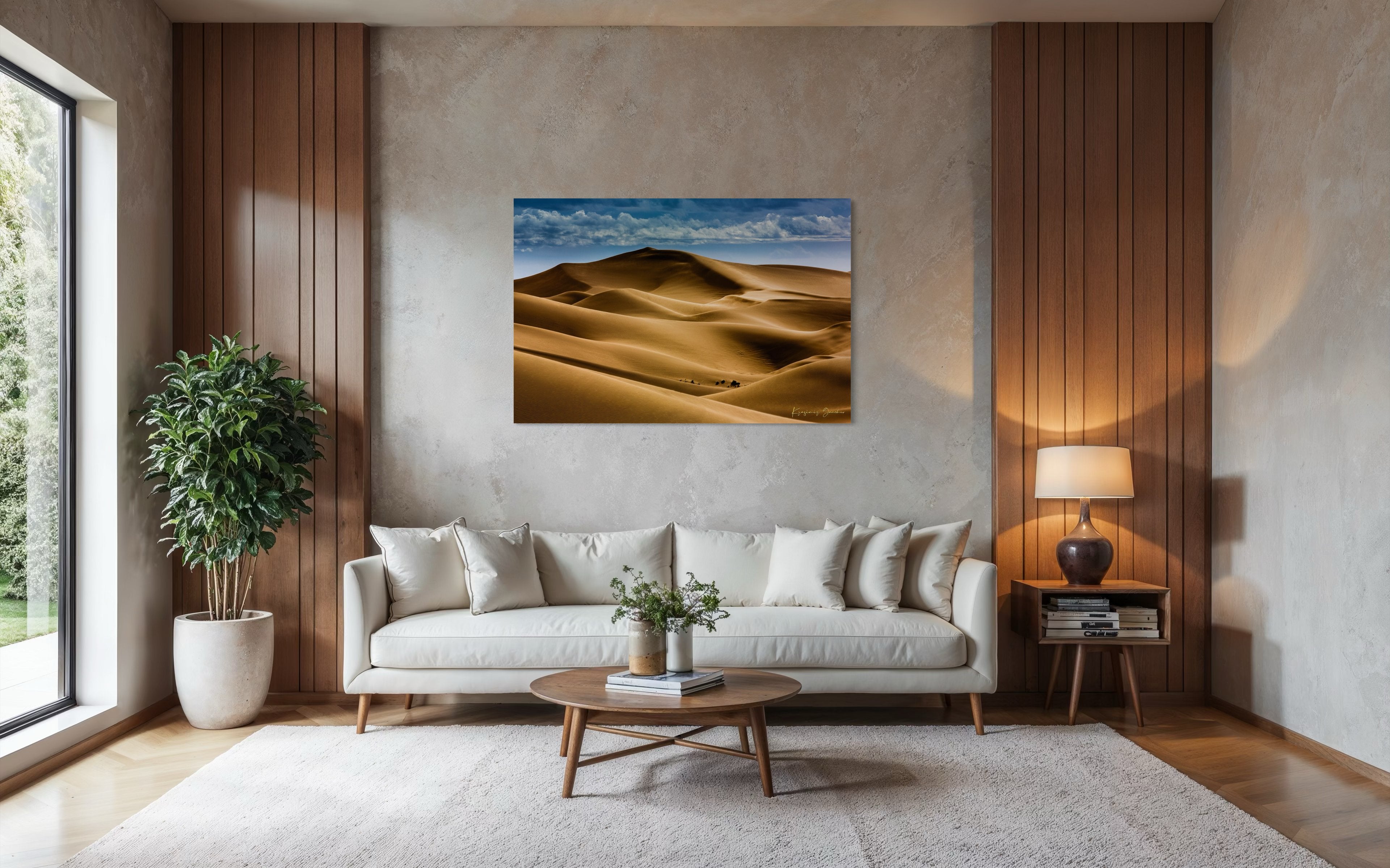 Sweeping desert dune curves in Brawley bathed in warm light, framed by a tranquil sky to emphasize natural grandeur. #Finish_Acrylic Recess