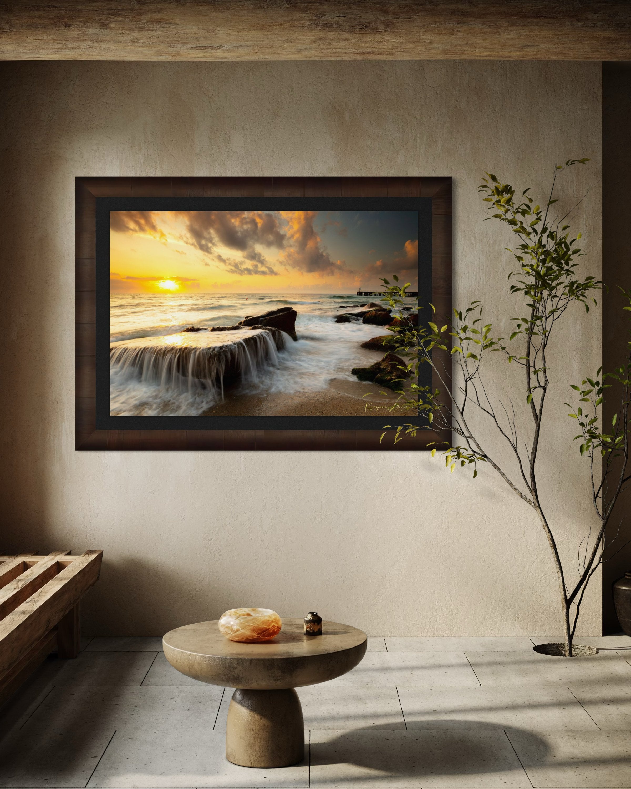 Sunrise lighting on coastal rocks and sea surface near a beach in Saints Constantine and Helena, Bulgaria. #Finish_Roma Cigar Leaf Frame & Dark Liner