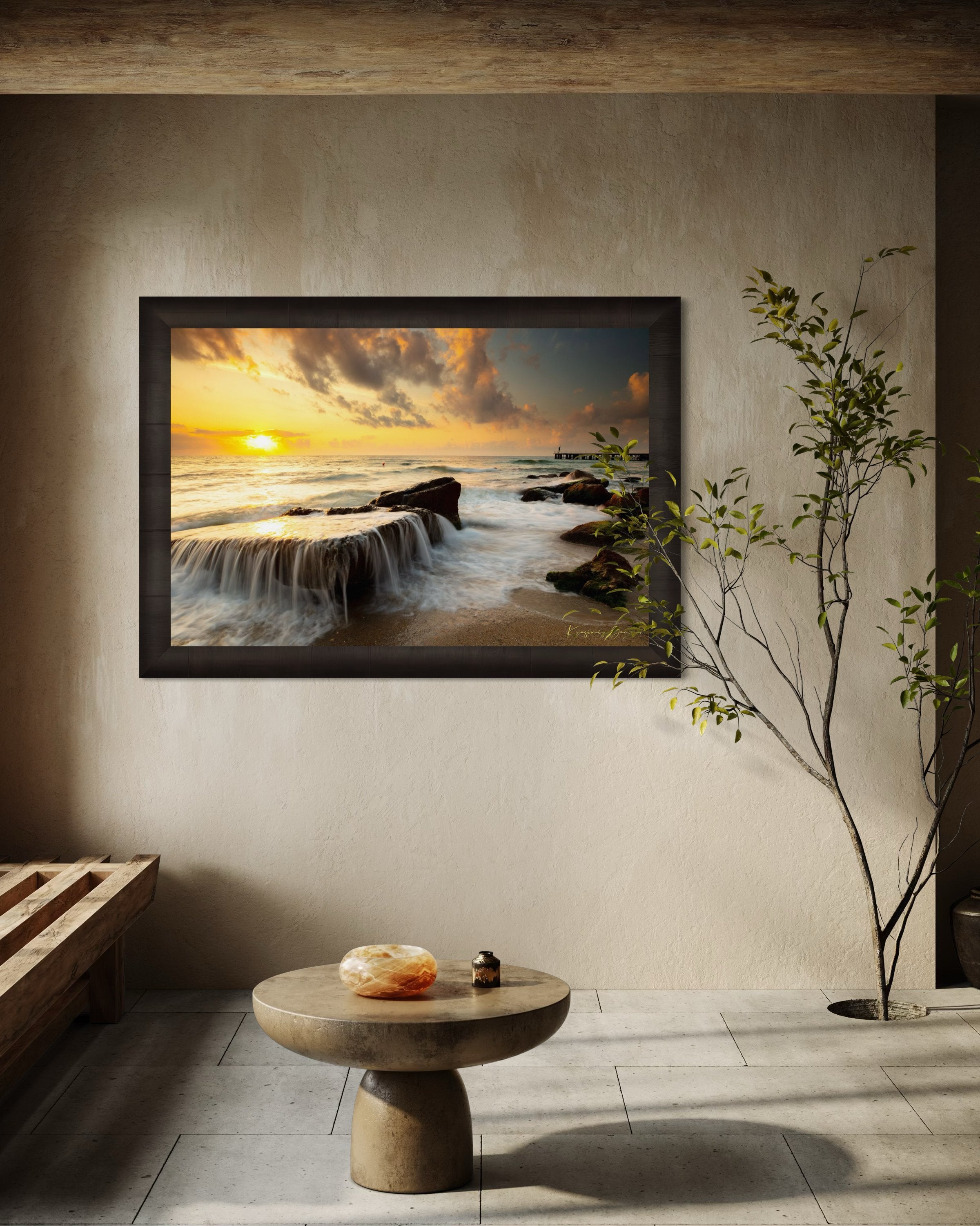 Sunrise lighting on coastal rocks and sea surface near a beach in Saints Constantine and Helena, Bulgaria. #Finish_Roma Dark Ash Frame