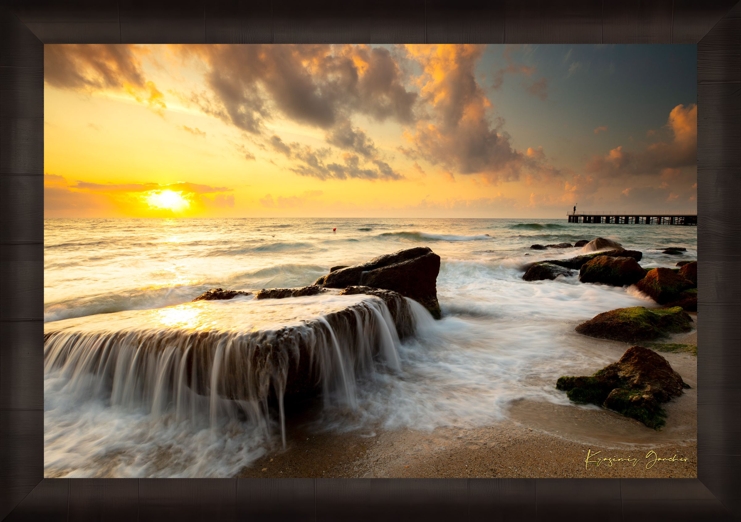Sunrise lighting on coastal rocks and sea surface near a beach in Saints Constantine and Helena, Bulgaria. #Finish_Roma Dark Ash Frame