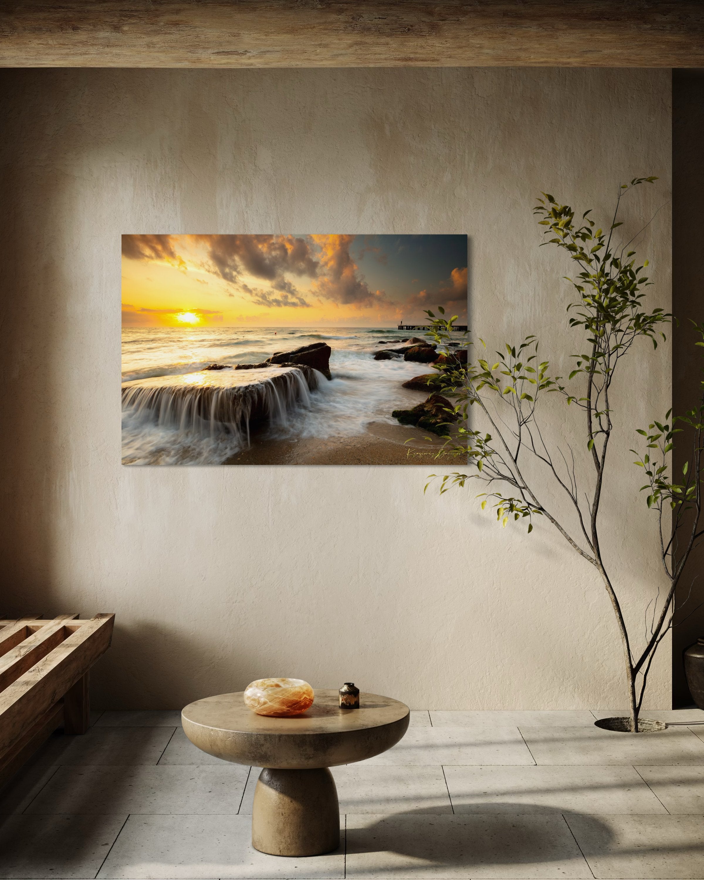 Sunrise lighting on coastal rocks and sea surface near a beach in Saints Constantine and Helena, Bulgaria. #Finish_Acrylic Recess