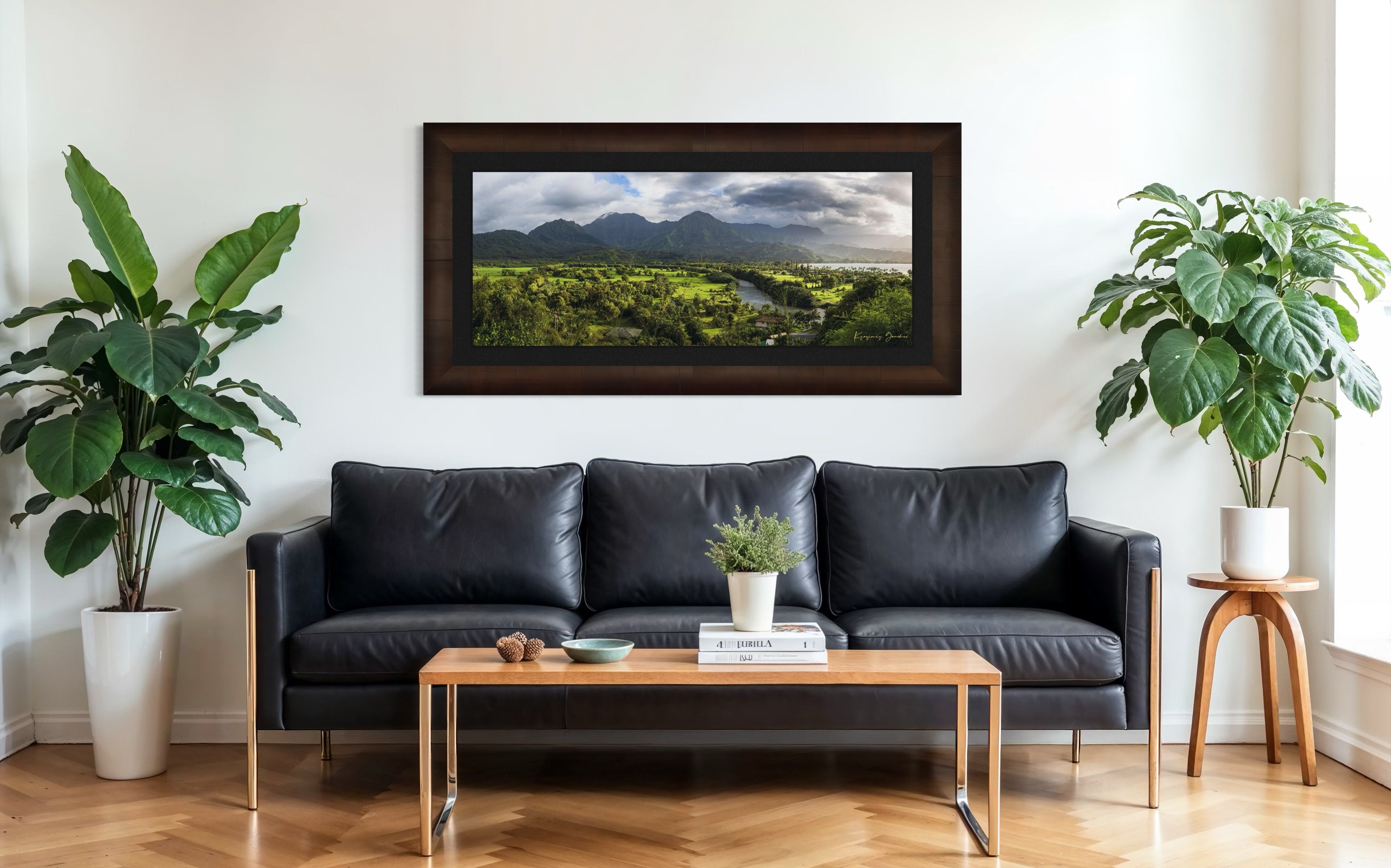 Lush green slopes of Hanalei Valley on Kauai with ocean, trees, and distant bay at daylight. #Finish_Roma Cigar Leaf Frame & Dark Liner