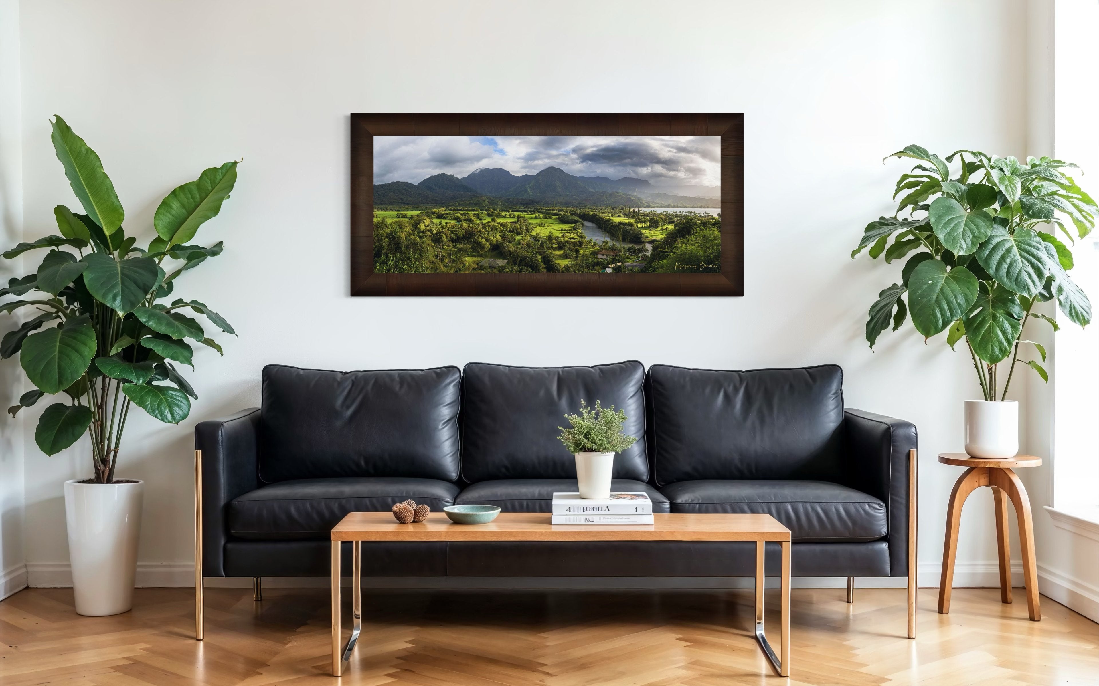 Lush green slopes of Hanalei Valley on Kauai with ocean, trees, and distant bay at daylight. #Finish_Roma Cigar Leaf Frame