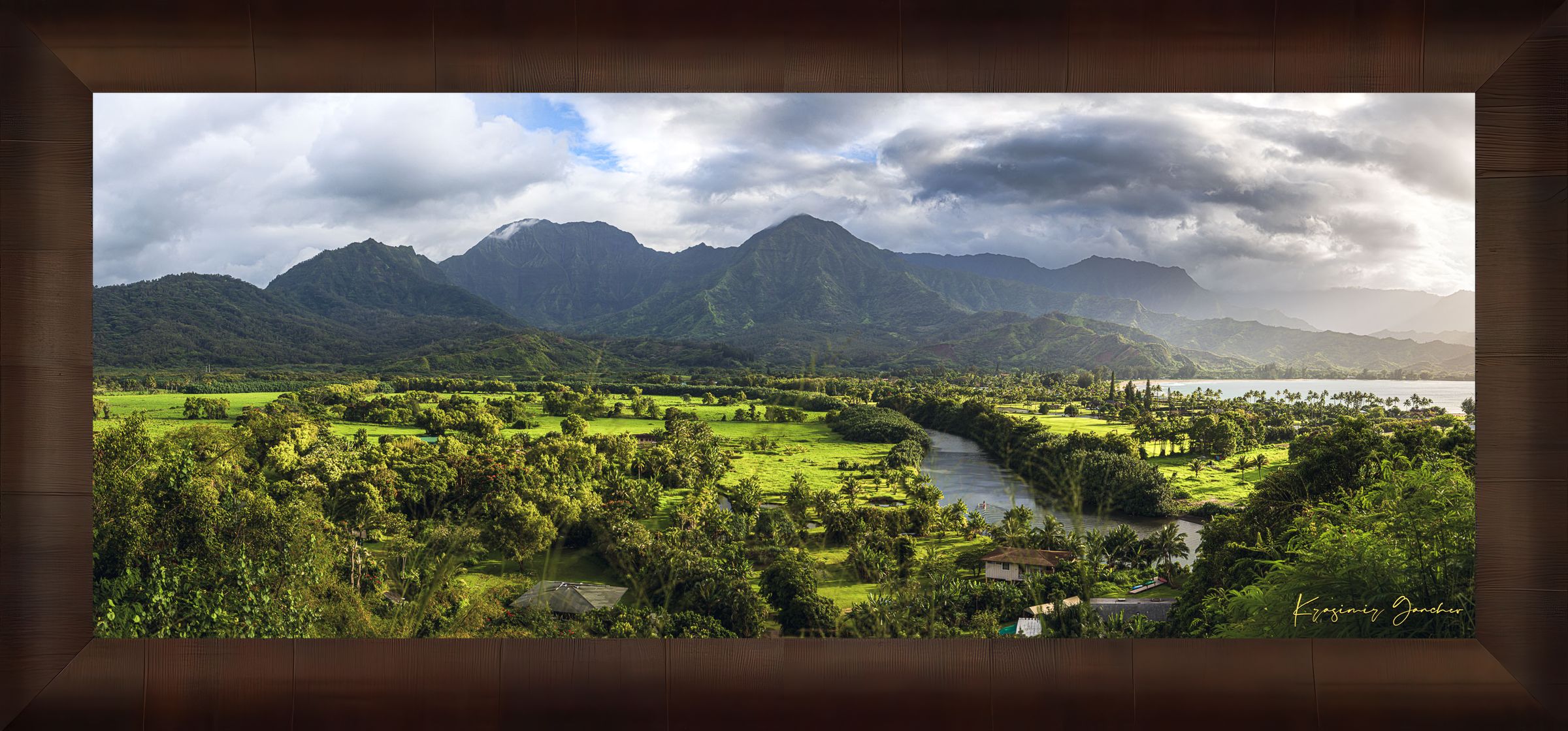 Lush green slopes of Hanalei Valley on Kauai with ocean, trees, and distant bay at daylight. #Finish_Roma Cigar Leaf Frame