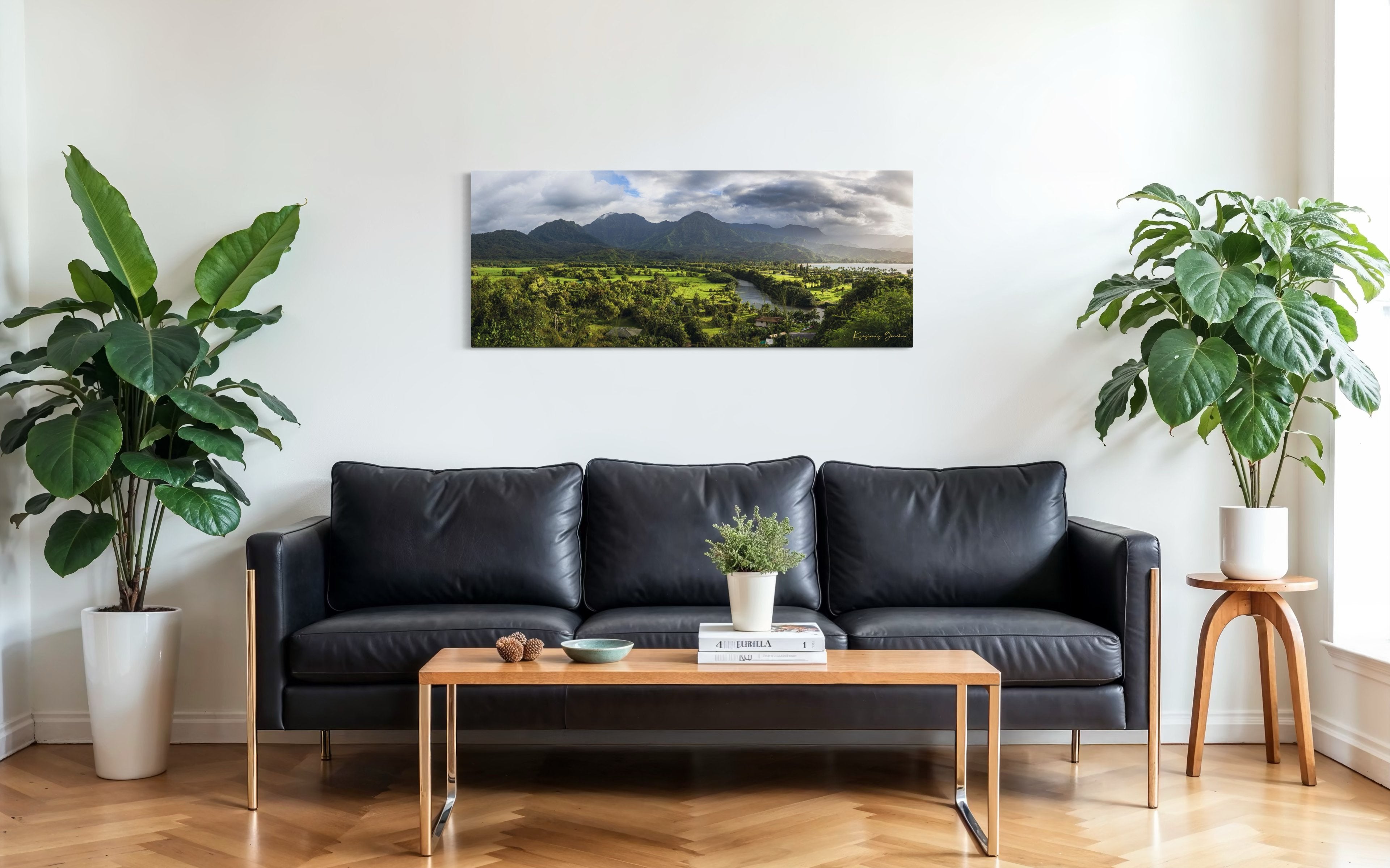 Lush green slopes of Hanalei Valley on Kauai with ocean, trees, and distant bay at daylight. #Finish_Acrylic Recess