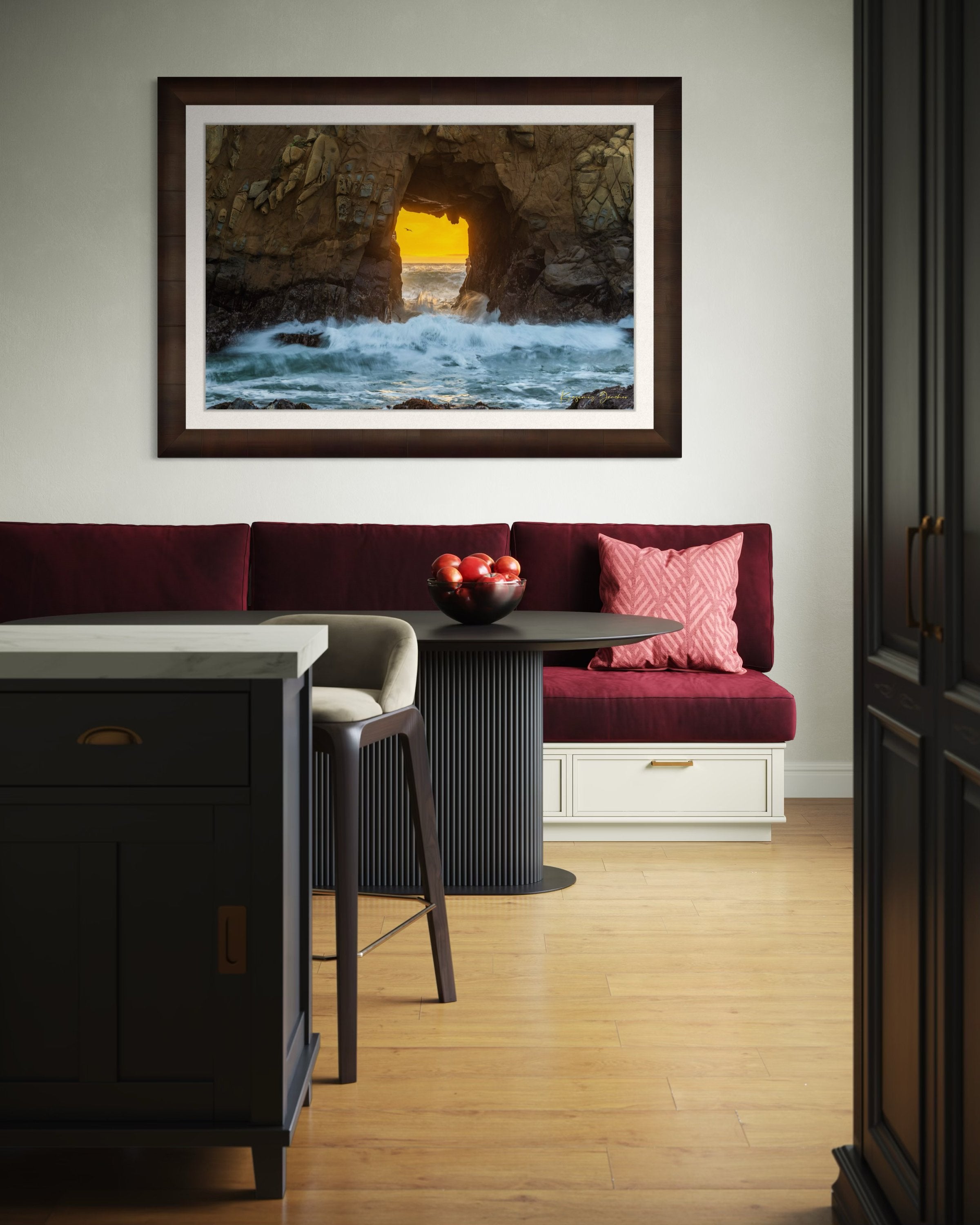 Natural rock arch on the Pacific coast of Big Sur framed by a vivid sunset, wave motion softened by long exposure. #Finish_Roma Cigar Leaf Frame & Bright Liner