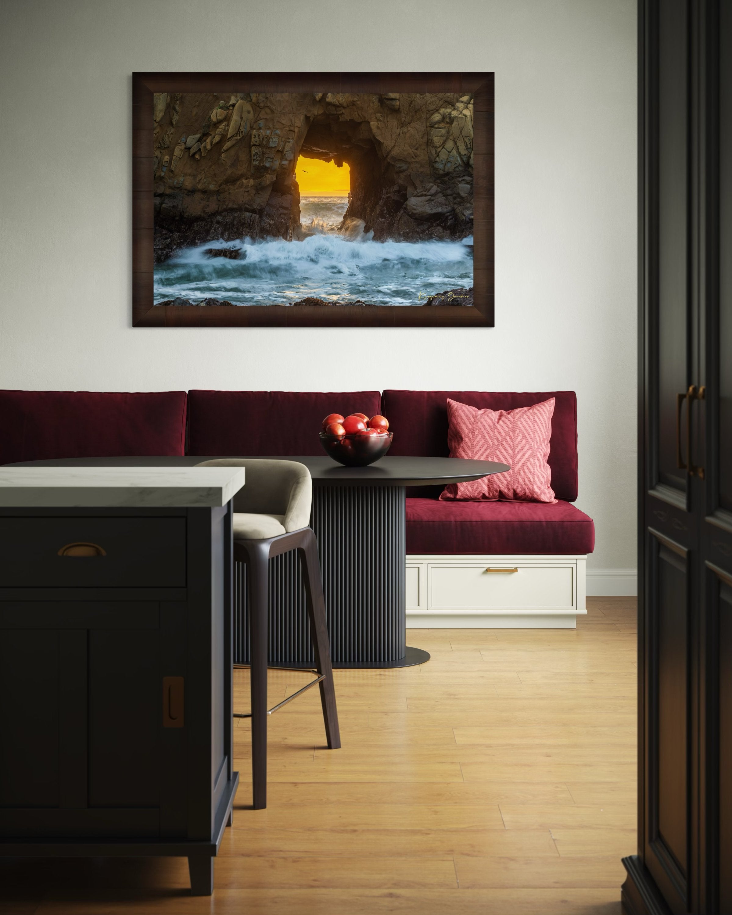 Natural rock arch on the Pacific coast of Big Sur framed by a vivid sunset, wave motion softened by long exposure. #Finish_Roma Cigar Leaf Frame