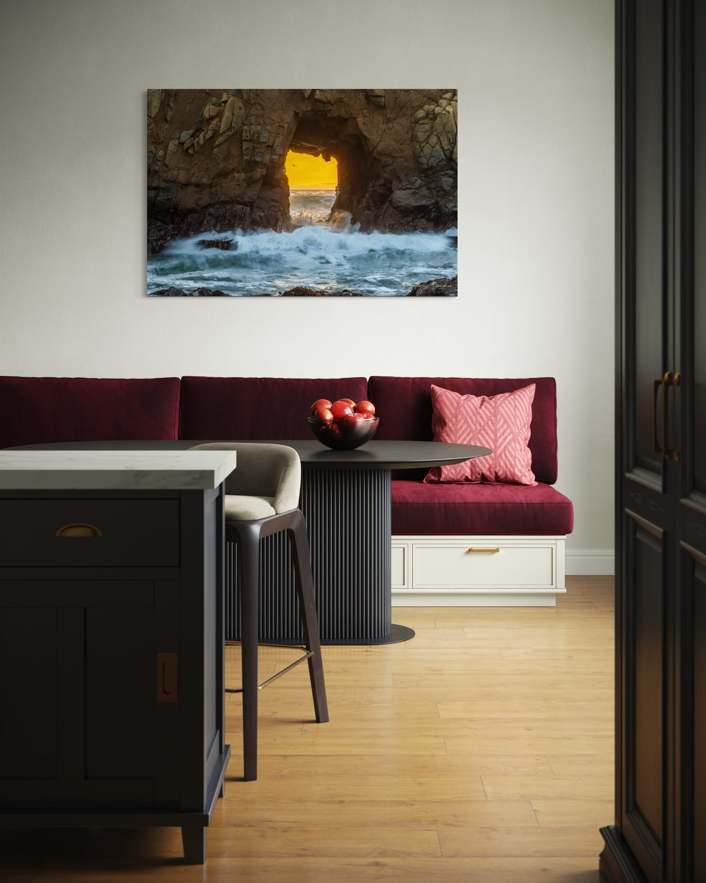 Natural rock arch on the Pacific coast of Big Sur framed by a vivid sunset, wave motion softened by long exposure. #Finish_Acrylic Recess