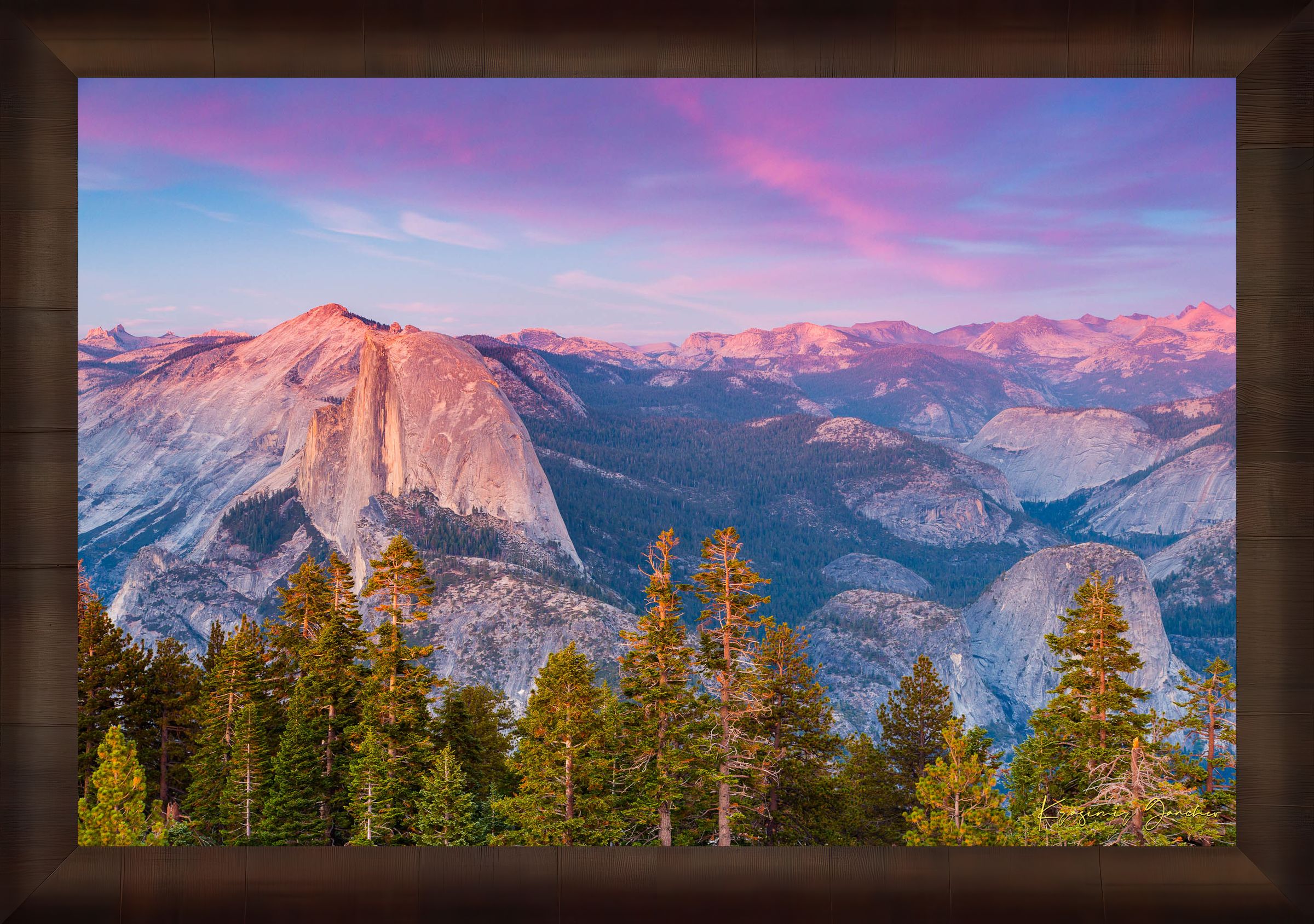 Granite monolith of Half Dome silhouetted against colorful sunset skies over Yosemite National Park with cloud layers. #Finish_Roma Cigar Leaf Frame