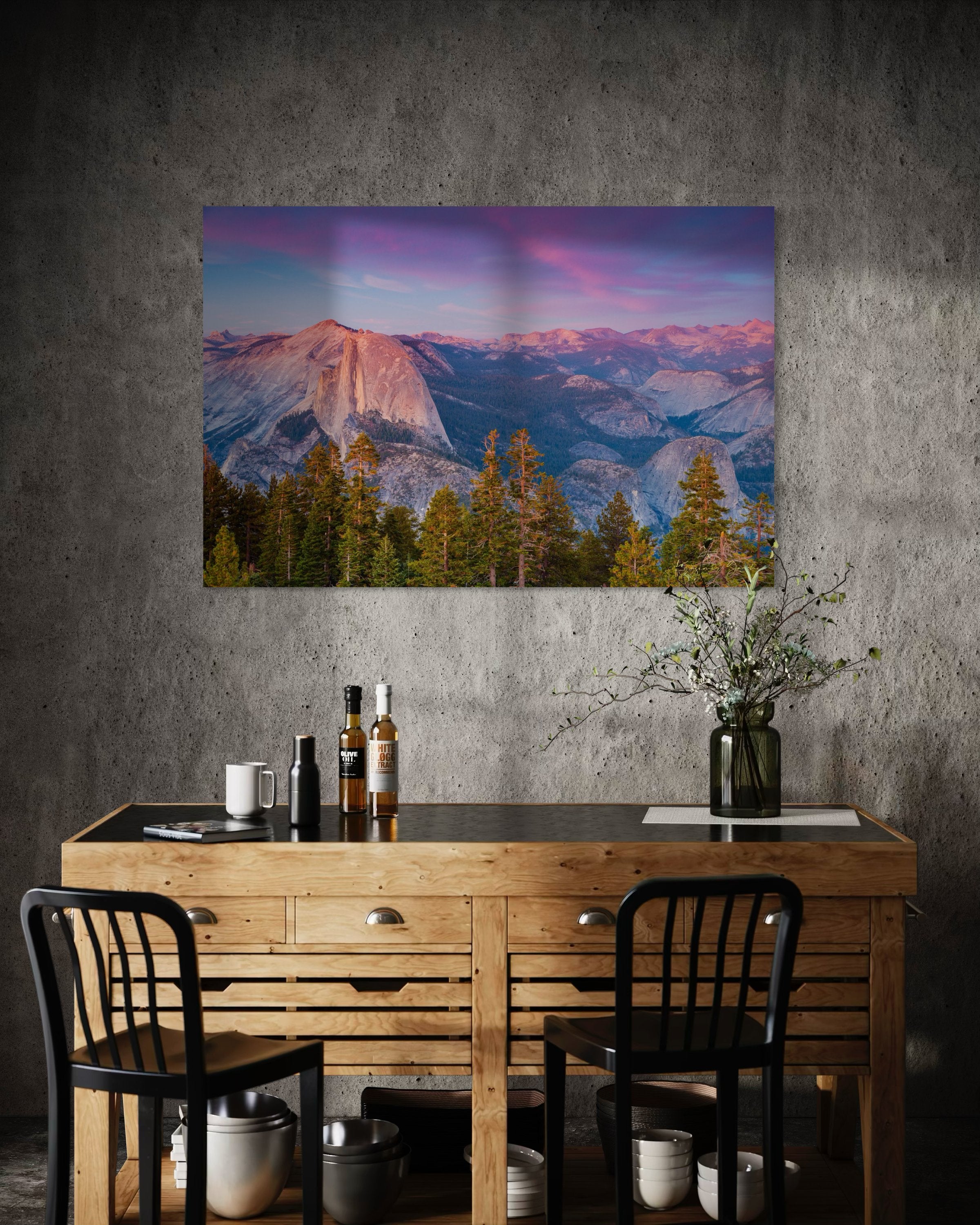 Granite monolith of Half Dome silhouetted against colorful sunset skies over Yosemite National Park with cloud layers. #Finish_Acrylic Recess