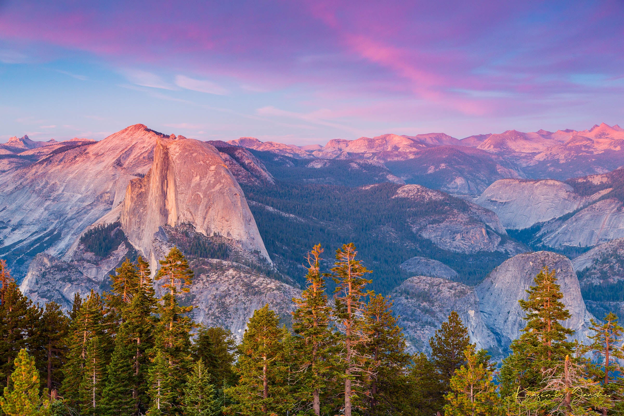 Granite monolith of Half Dome silhouetted against colorful sunset skies over Yosemite National Park with cloud layers. #Finish_Acrylic Recess