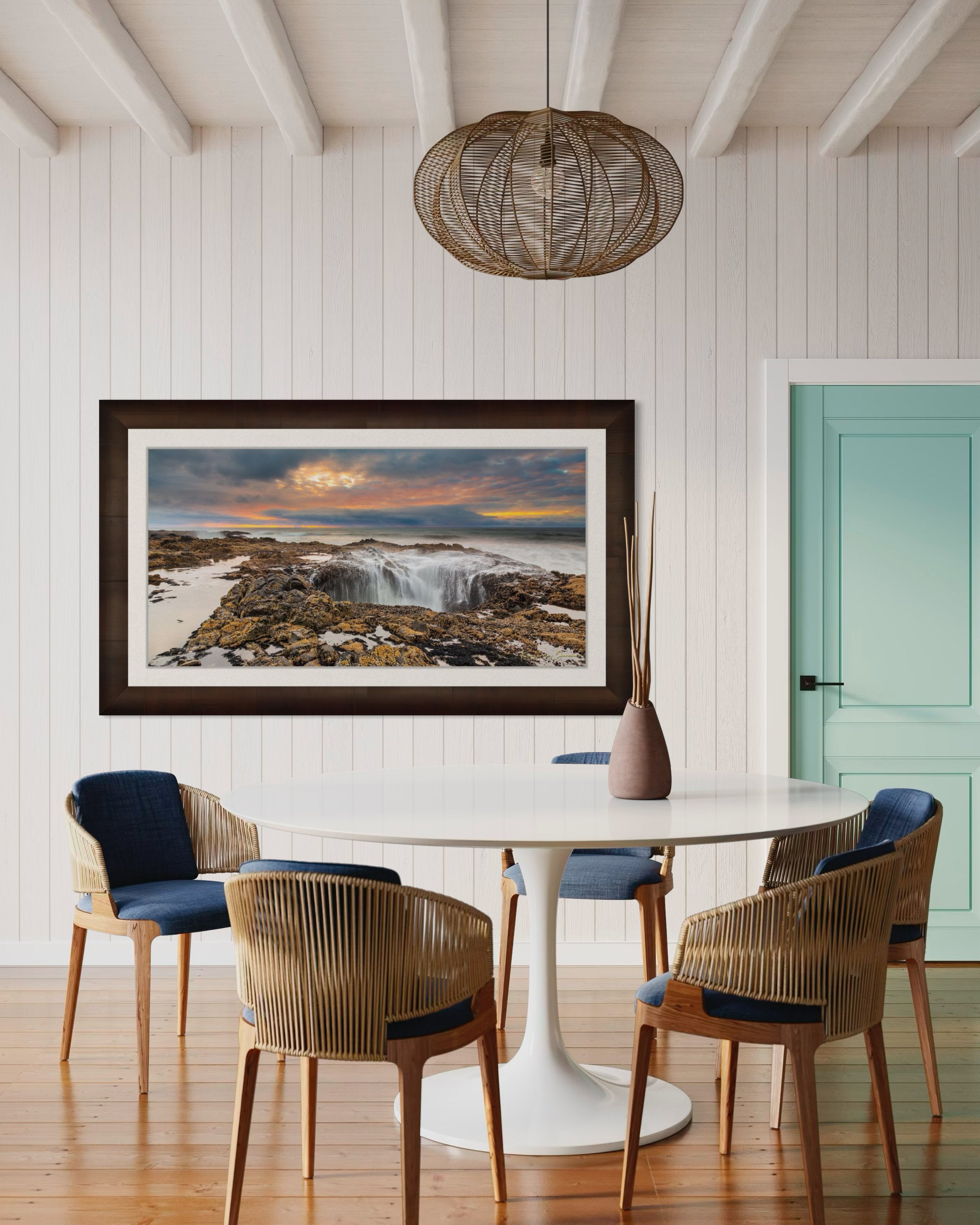 Ocean water surging into Thor's Well at the Oregon coastline during a sunlit evening with clouds and soft sky hues. #Finish_Roma Cigar Leaf Frame & Bright Liner