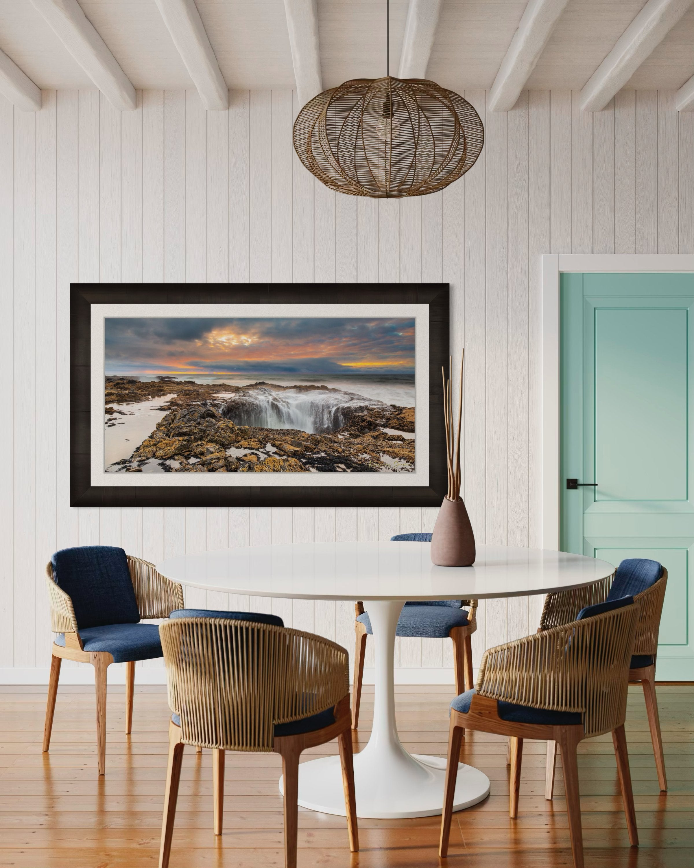 Ocean water surging into Thor's Well at the Oregon coastline during a sunlit evening with clouds and soft sky hues. #Finish_Roma Dark Ash Frame & Bright Liner