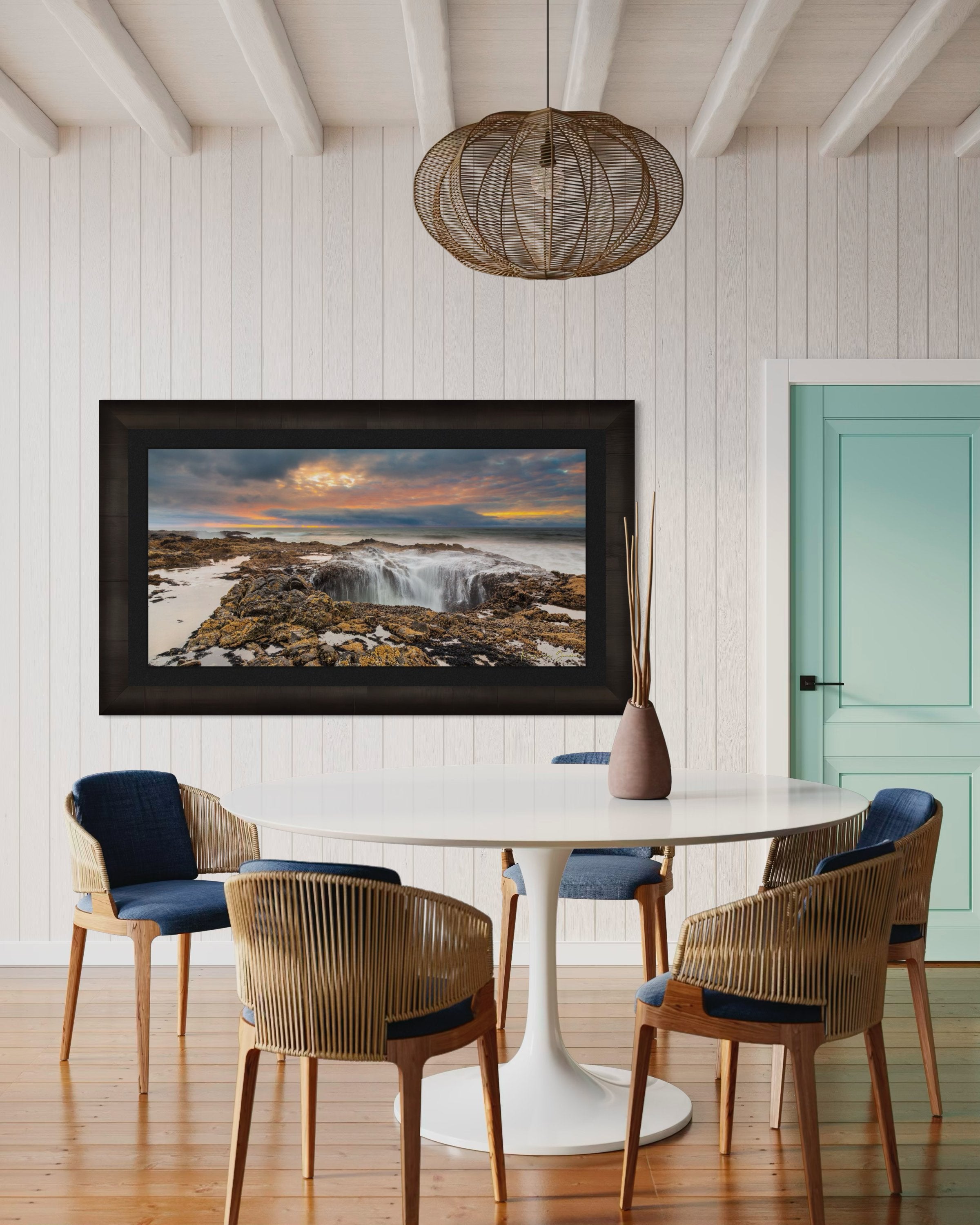 Ocean water surging into Thor's Well at the Oregon coastline during a sunlit evening with clouds and soft sky hues. #Finish_Roma Dark Ash Frame & Dark Liner