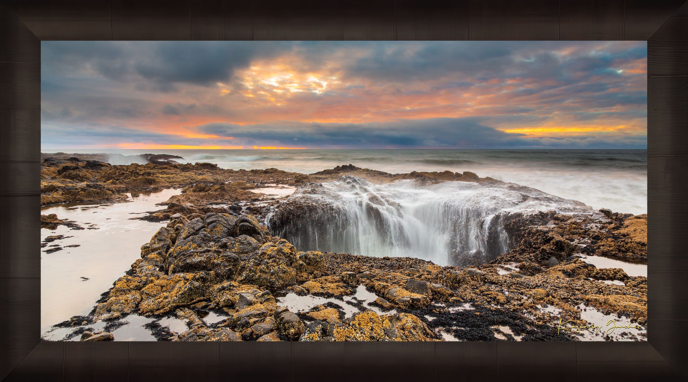 Ocean water surging into Thor's Well at the Oregon coastline during a sunlit evening with clouds and soft sky hues. #Finish_Roma Dark Ash Frame