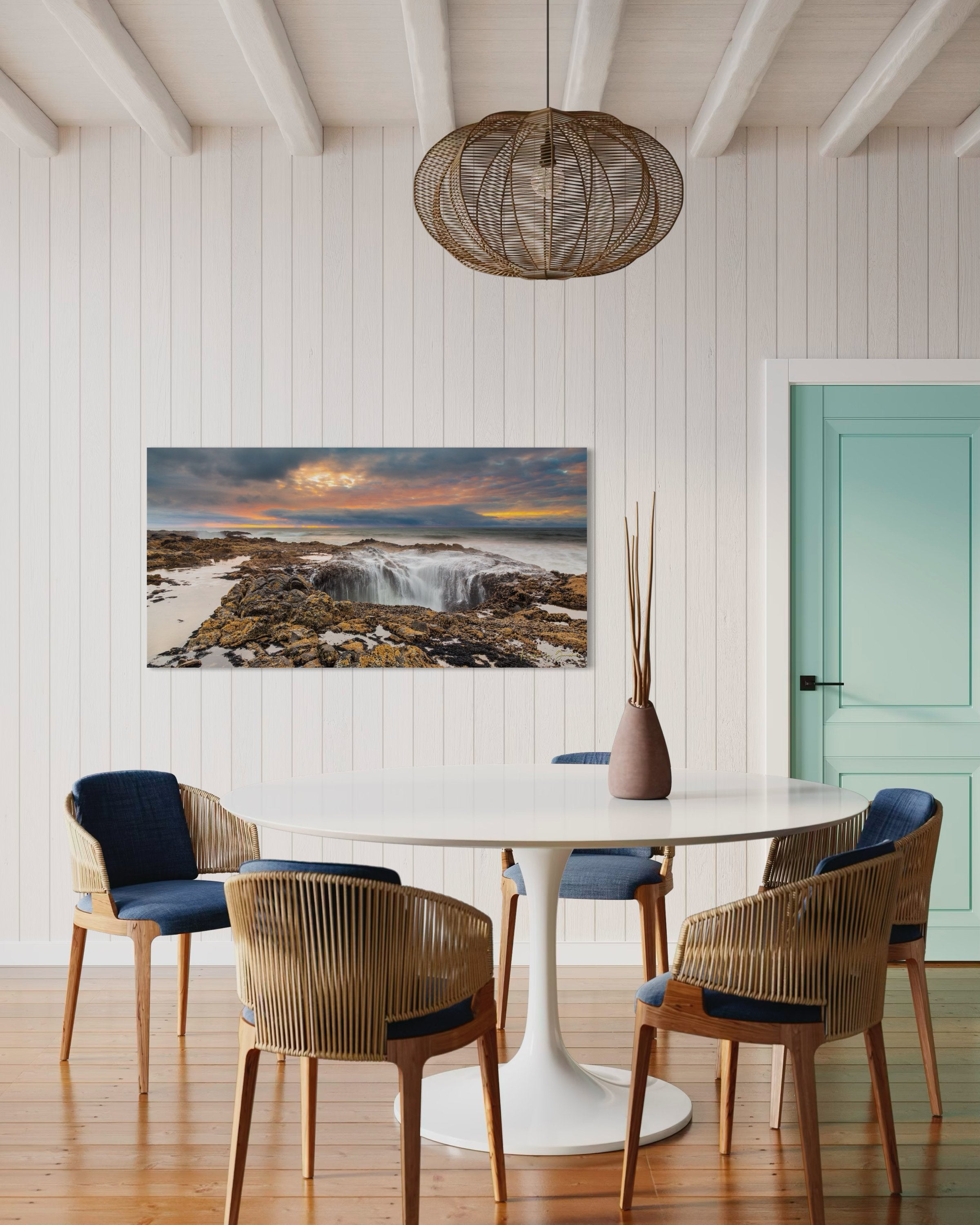 Ocean water surging into Thor's Well at the Oregon coastline during a sunlit evening with clouds and soft sky hues. #Finish_Acrylic Recess