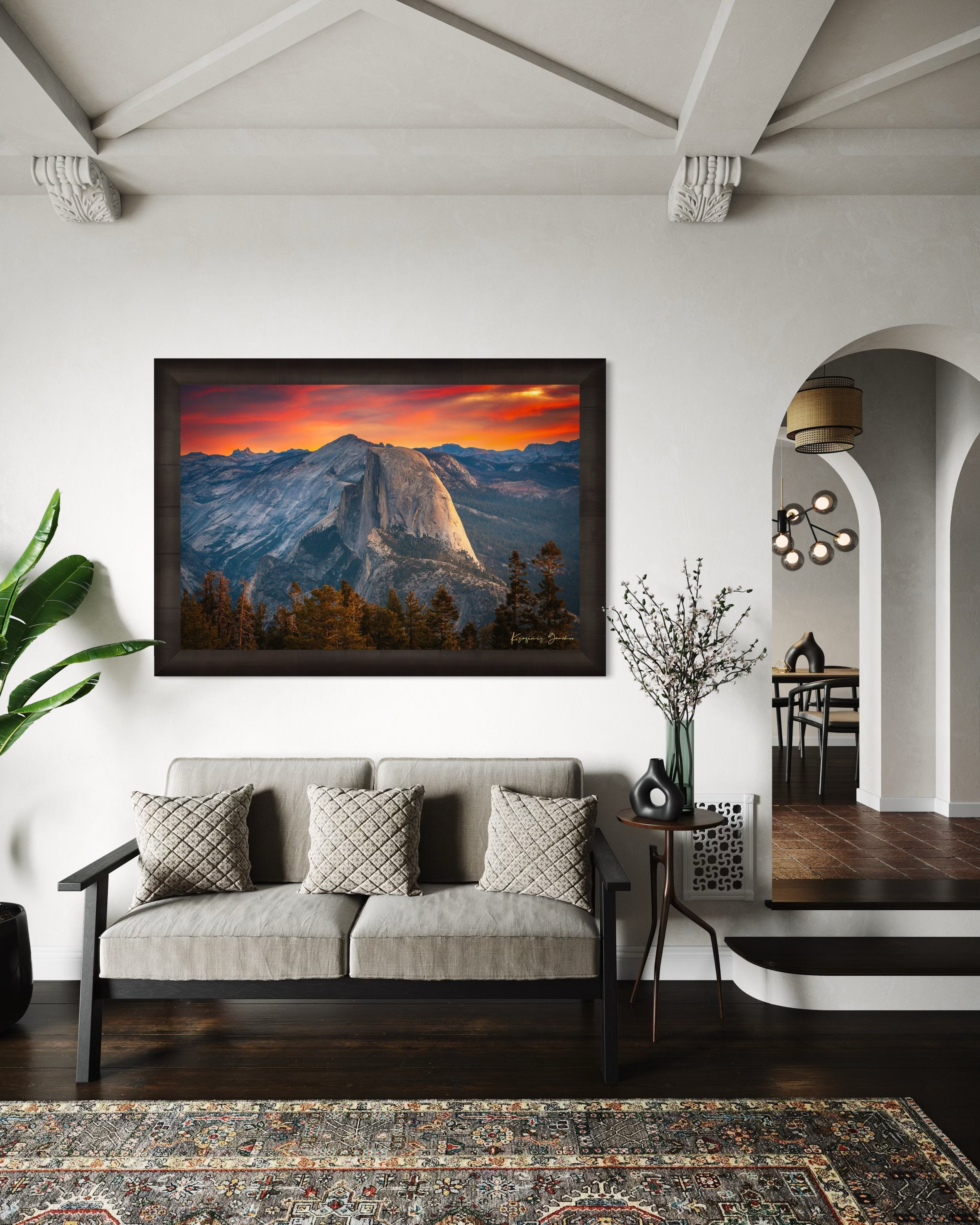 Half Dome monolith at sunrise in Yosemite National Park, with cloud formations and natural light. #Finish_Roma Dark Ash Frame