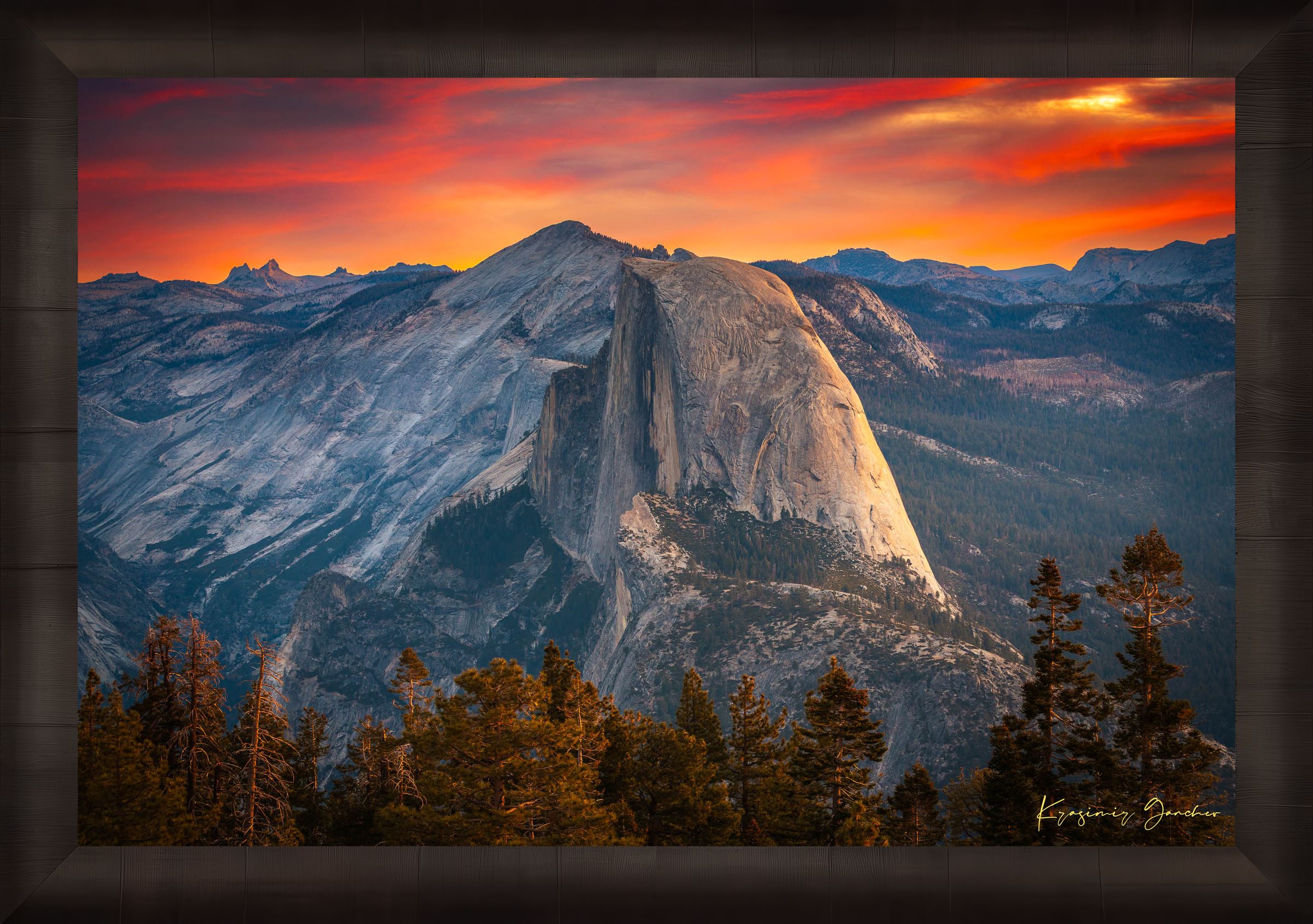 Half Dome monolith at sunrise in Yosemite National Park, with cloud formations and natural light. #Finish_Roma Dark Ash Frame