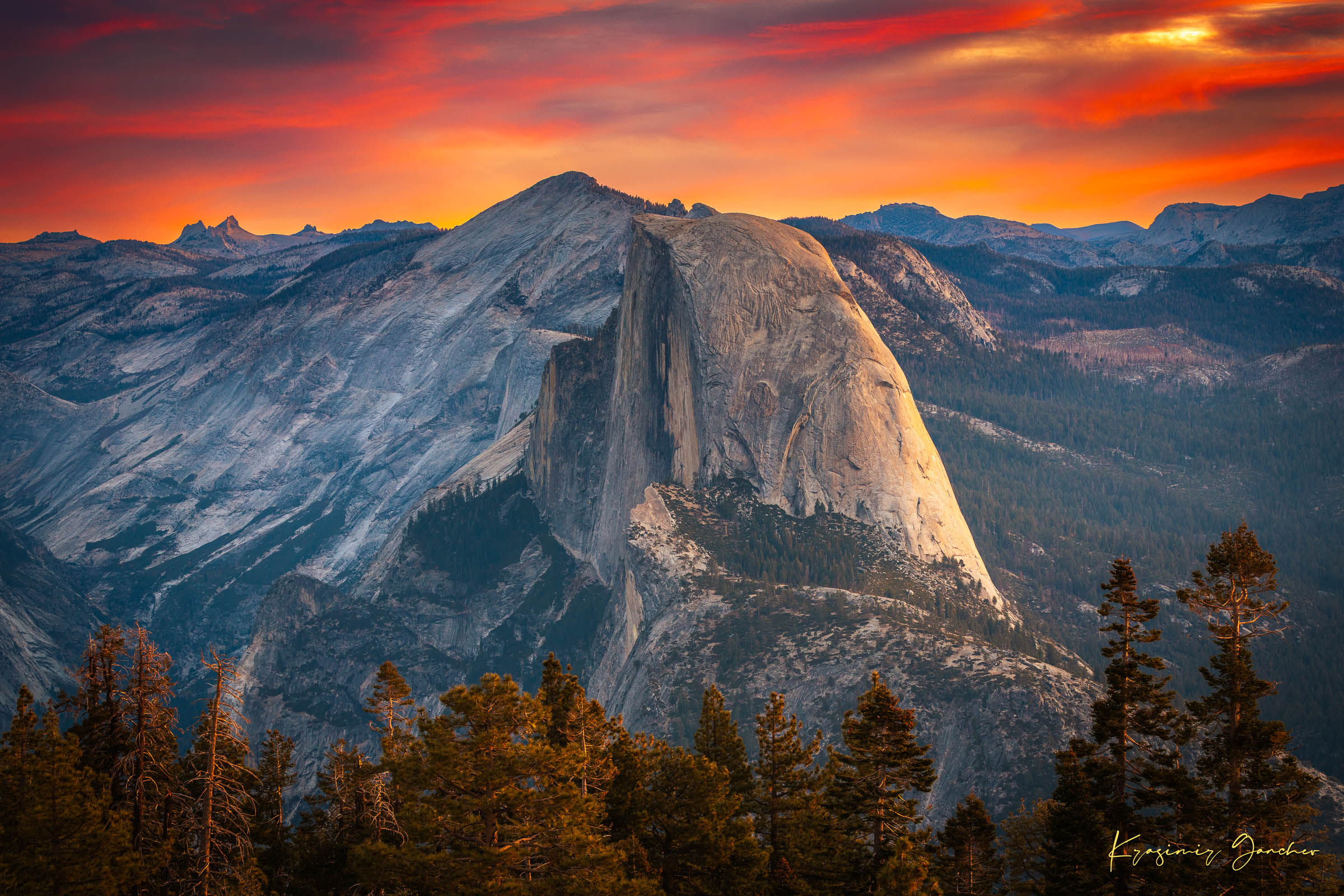Half Dome monolith at sunrise in Yosemite National Park, with cloud formations and natural light. #Finish_Acrylic Recess